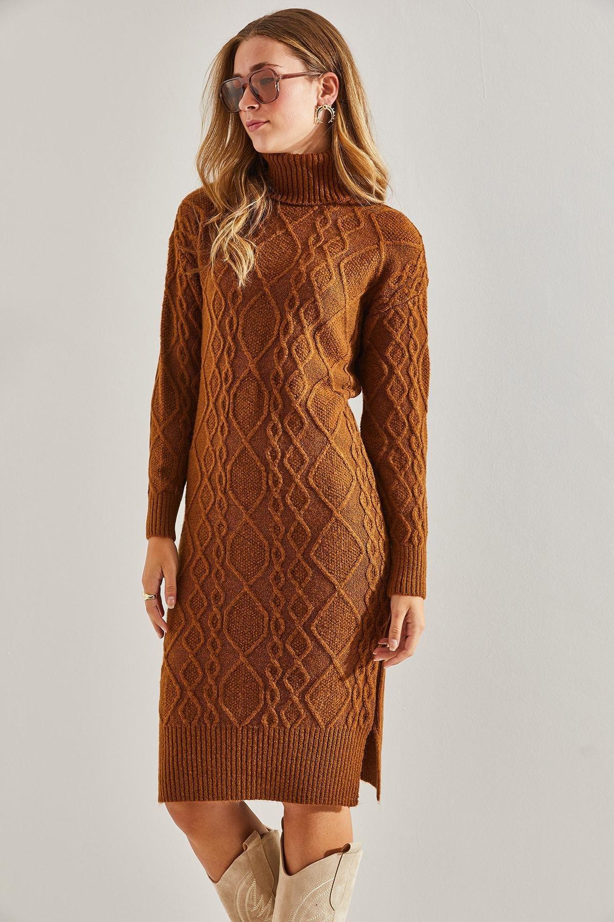Brown Turtleneck Knitted Dress, Brown, large image number 0