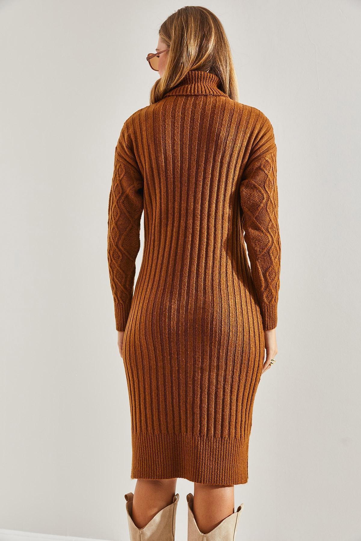 Brown Turtleneck Knitted Dress, Brown, large image number 1
