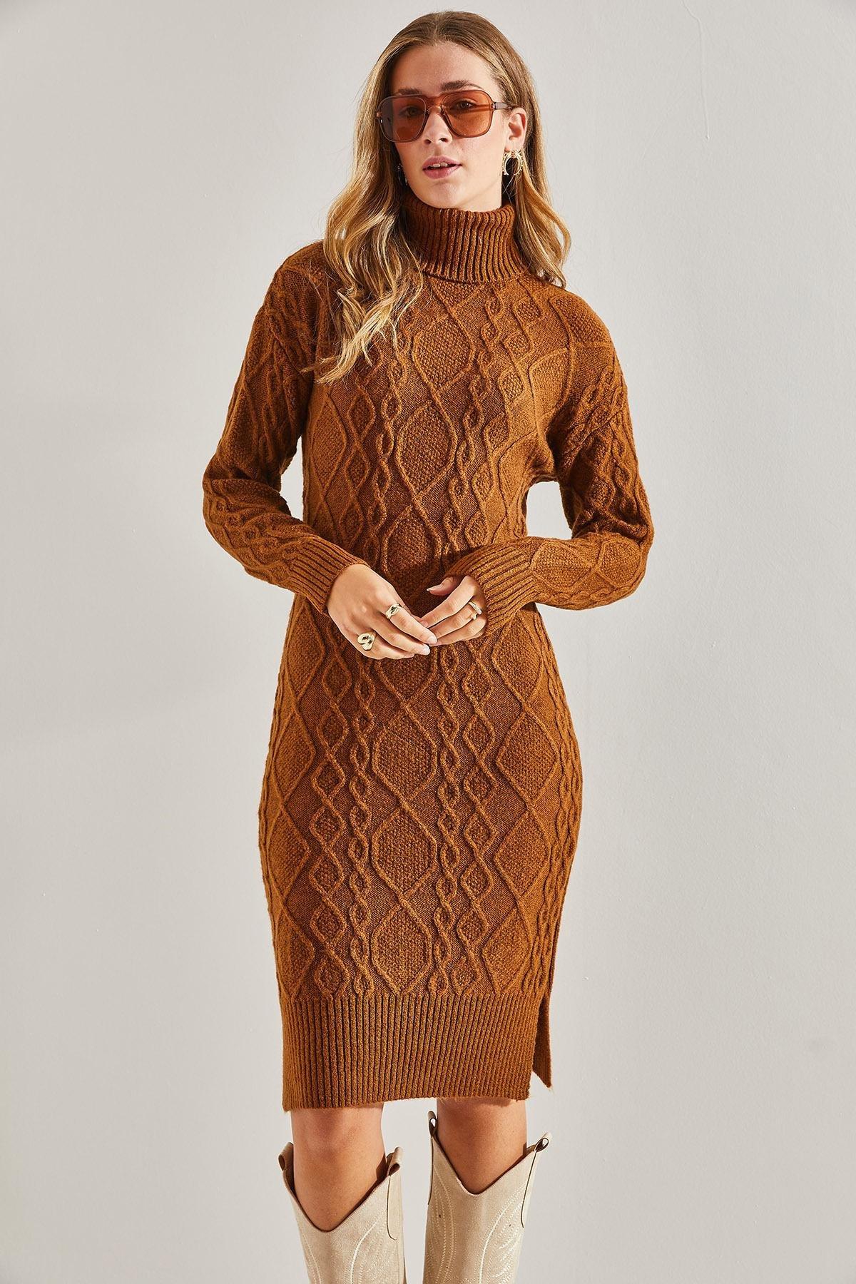 Brown Turtleneck Knitted Dress, Brown, large image number 2