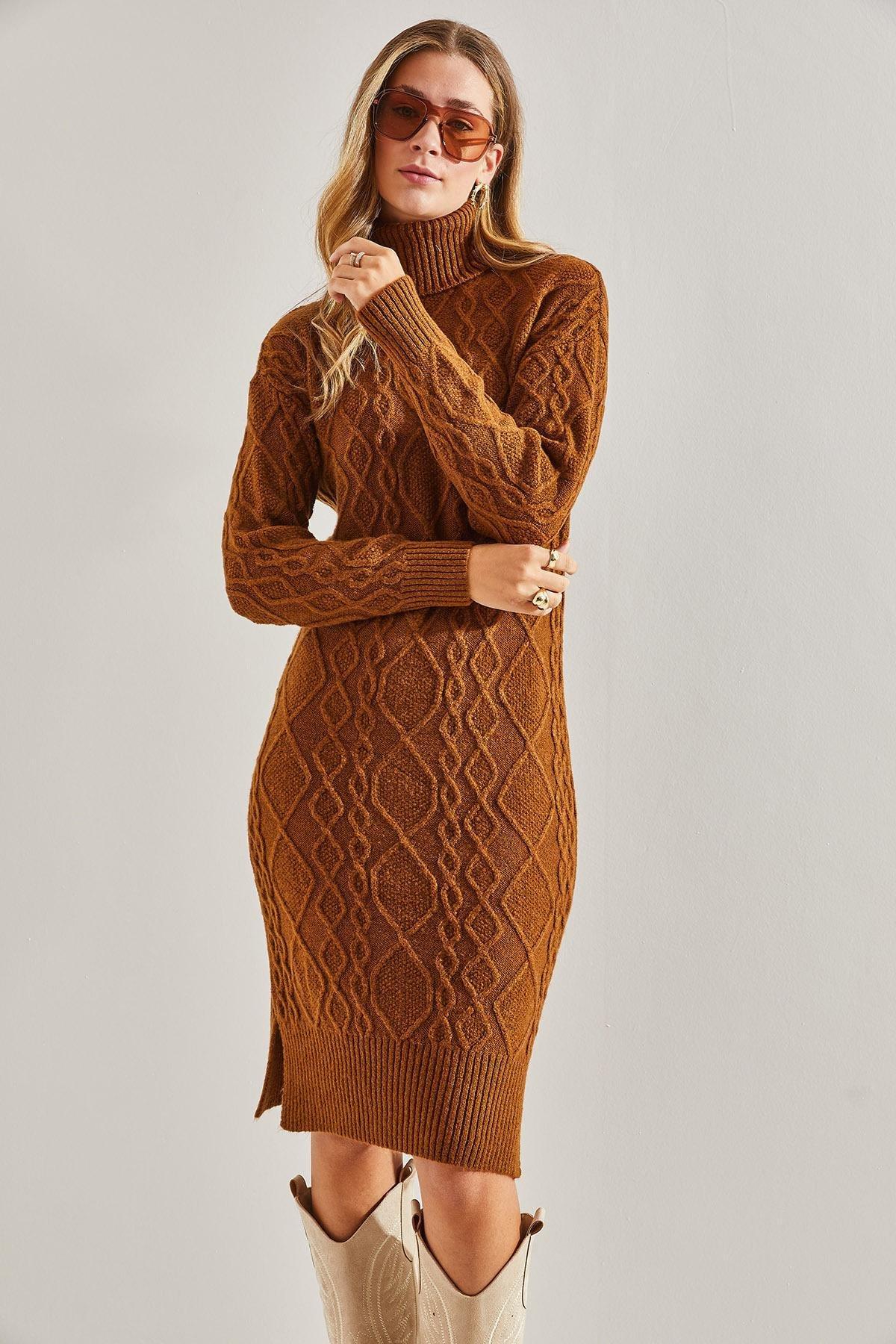 Brown Turtleneck Knitted Dress, Brown, large image number 4