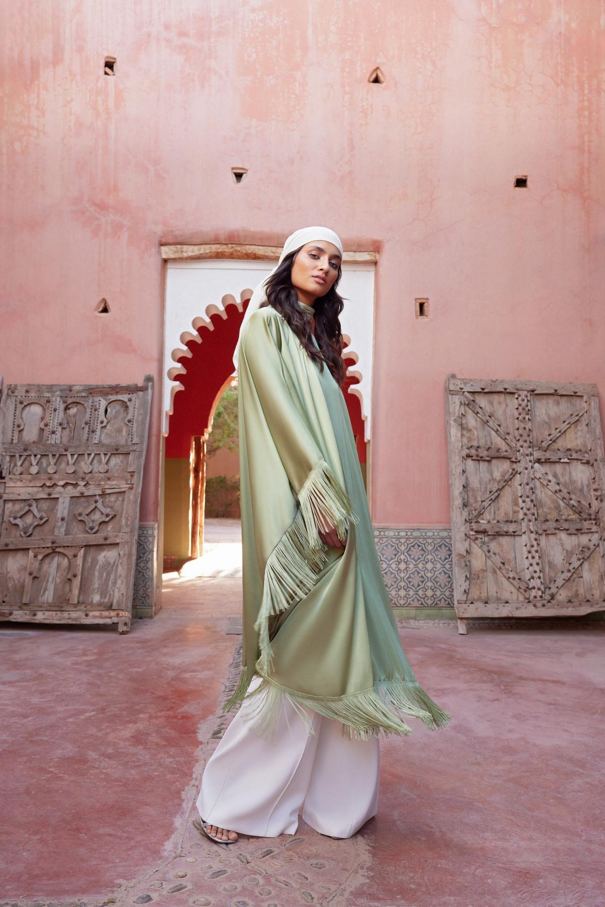 Khaki Tassel Detailed Satin Kaftan Dress, , large image number 0