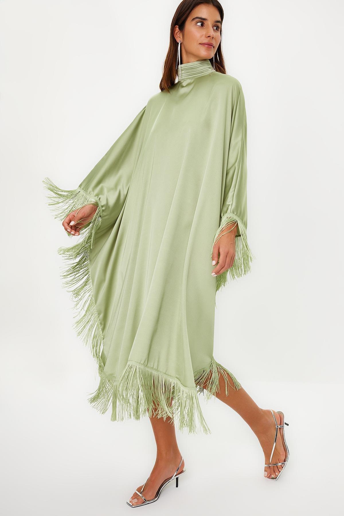 Khaki Tassel Detailed Satin Kaftan Dress, , large image number 1