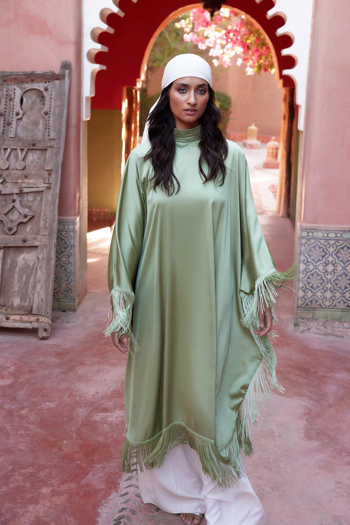 Khaki Tassel Detailed Satin Kaftan Dress, , large image number 2