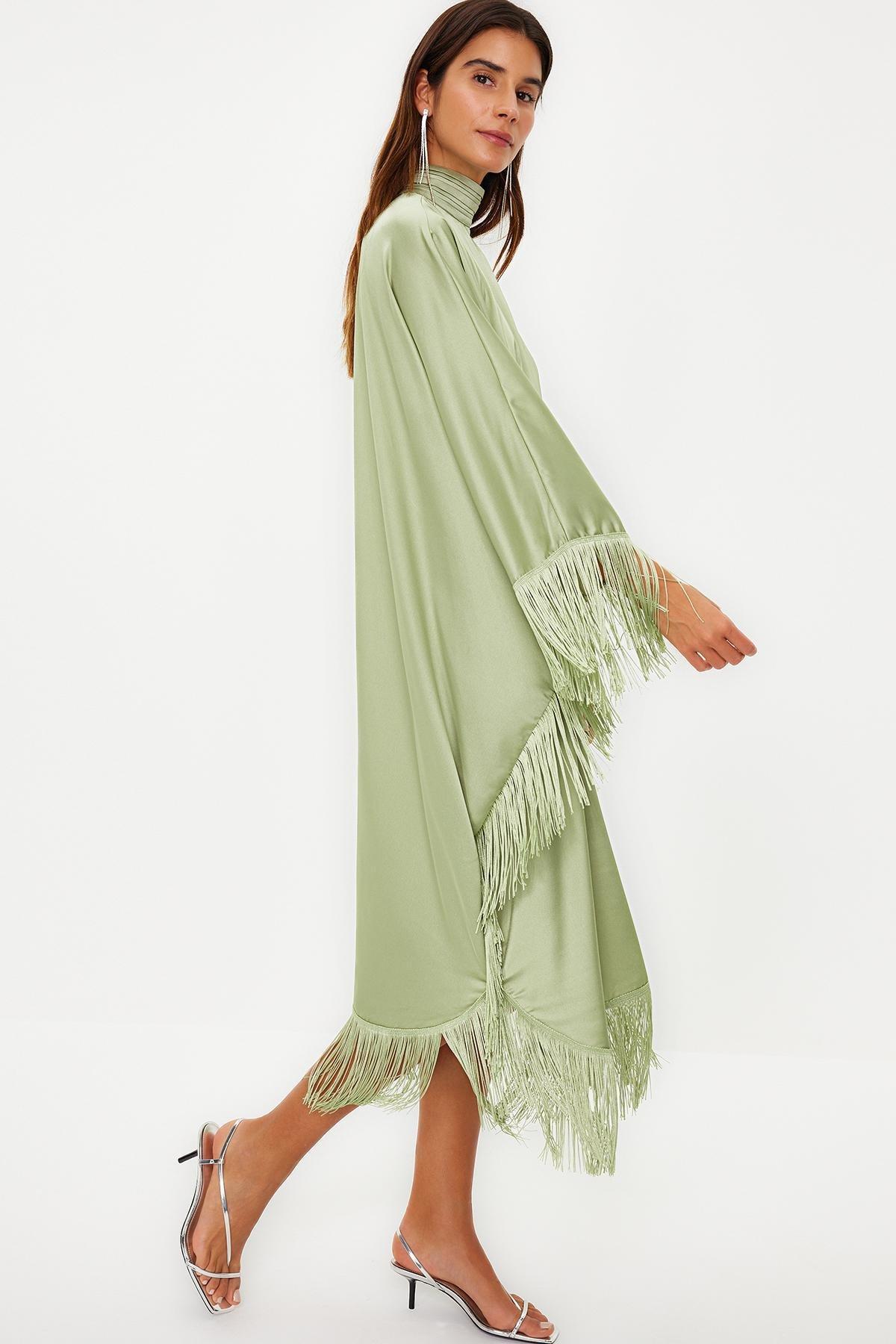 Khaki Tassel Detailed Satin Kaftan Dress, , large image number 3