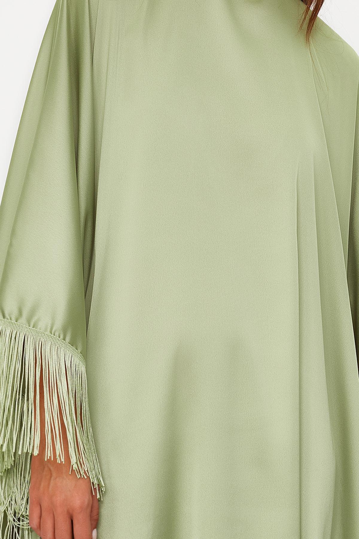 Khaki Tassel Detailed Satin Kaftan Dress, , large image number 4