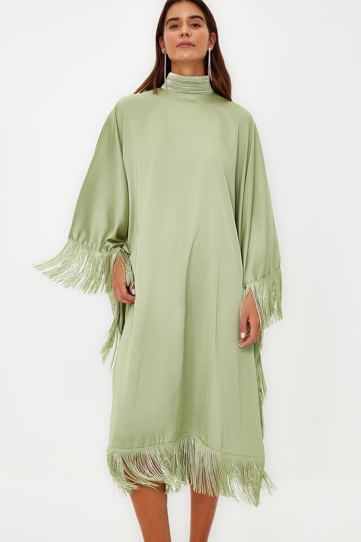 Khaki Tassel Detailed Satin Kaftan Dress, , large image number 5