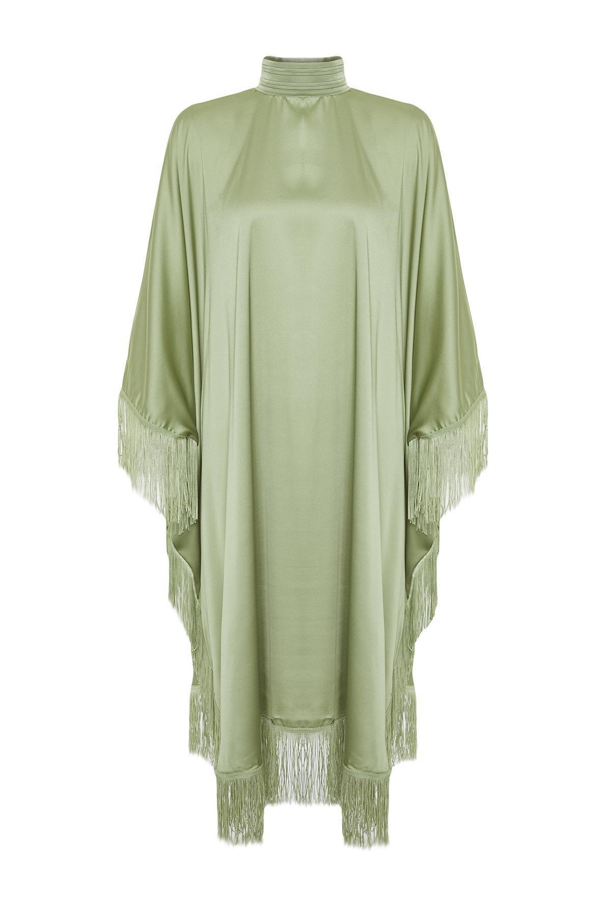 Khaki Tassel Detailed Satin Kaftan Dress, , large image number 6