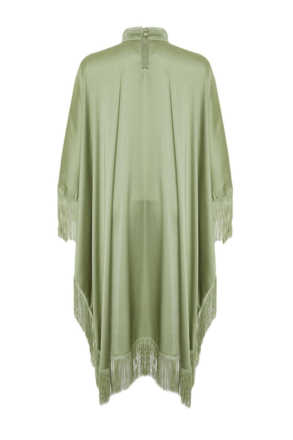 Khaki Tassel Detailed Satin Kaftan Dress, , large image number 7