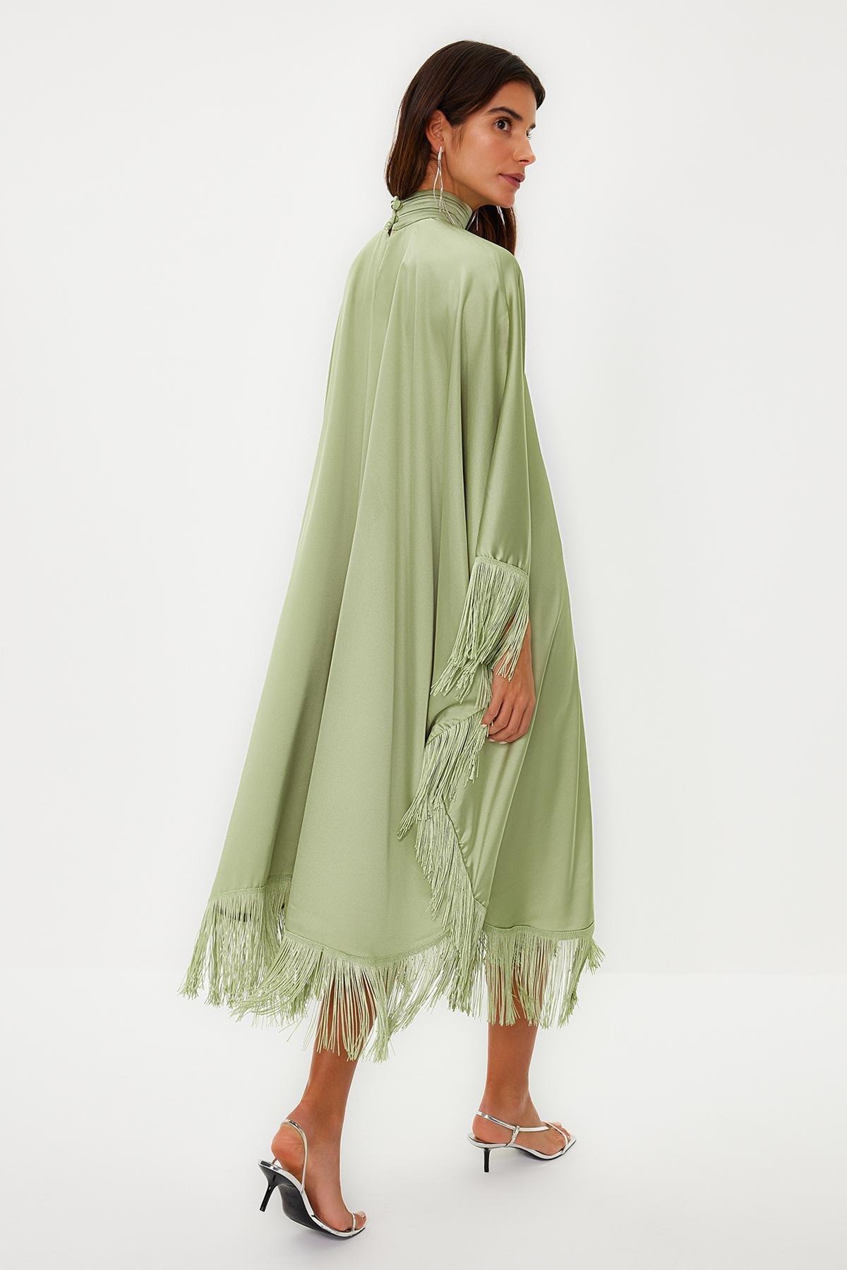 Khaki Tassel Detailed Satin Kaftan Dress, , large image number 8