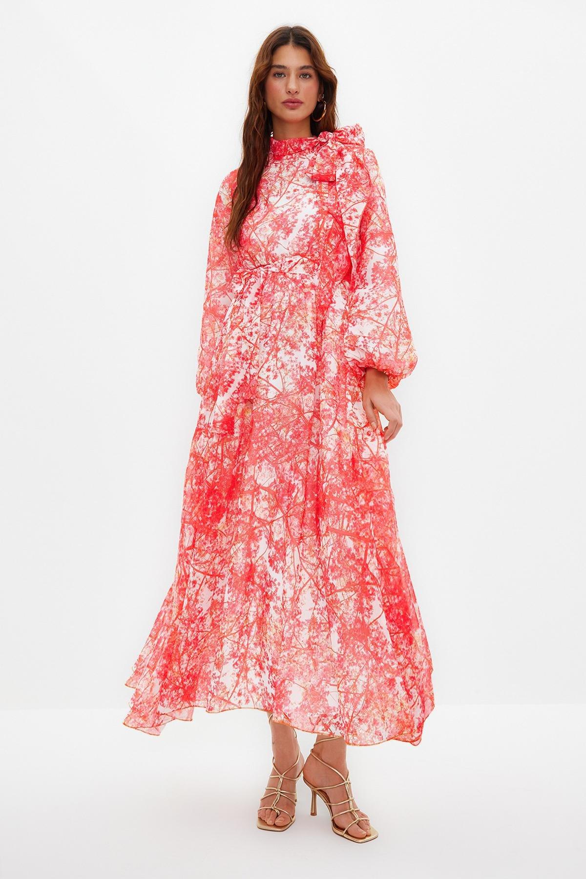 Red Floral Pattern Chiffon Occasion Wear Dress, , large image number 0