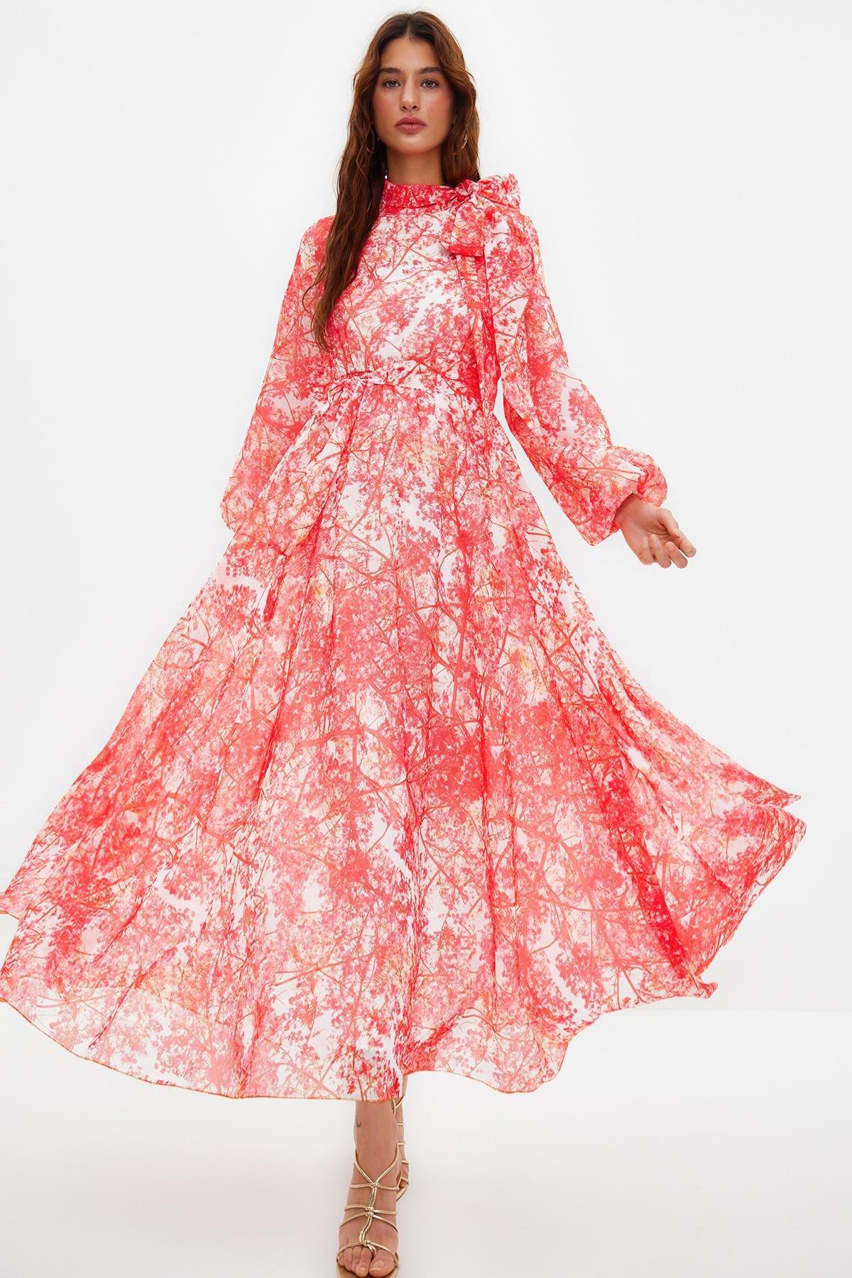 Red Floral Pattern Chiffon Occasion Wear Dress, , large image number 1