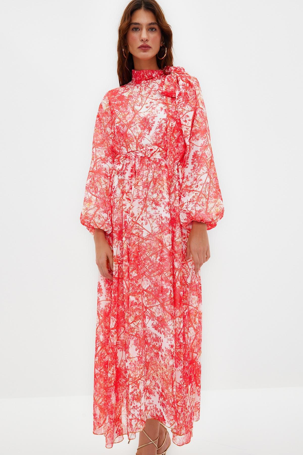 Red Floral Pattern Chiffon Occasion Wear Dress, , large image number 2