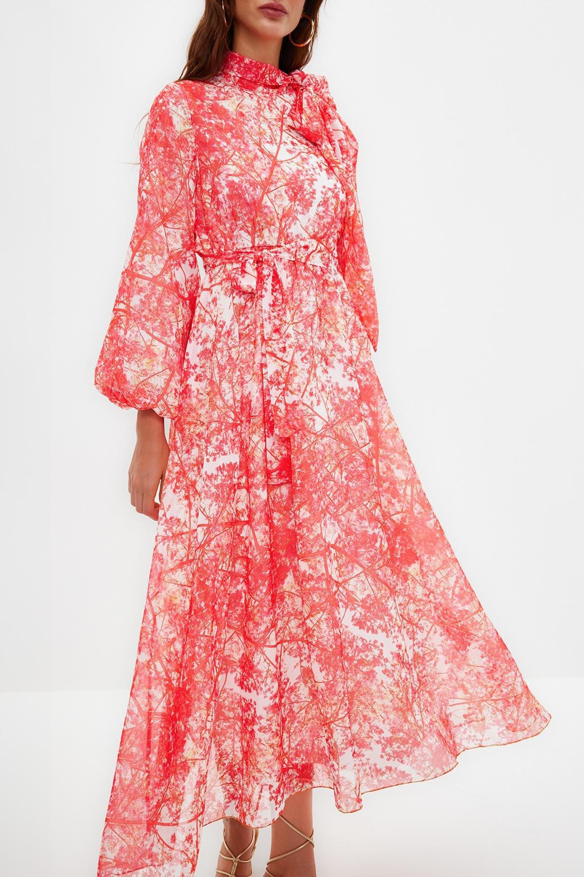 Red Floral Pattern Chiffon Occasion Wear Dress, , large image number 3