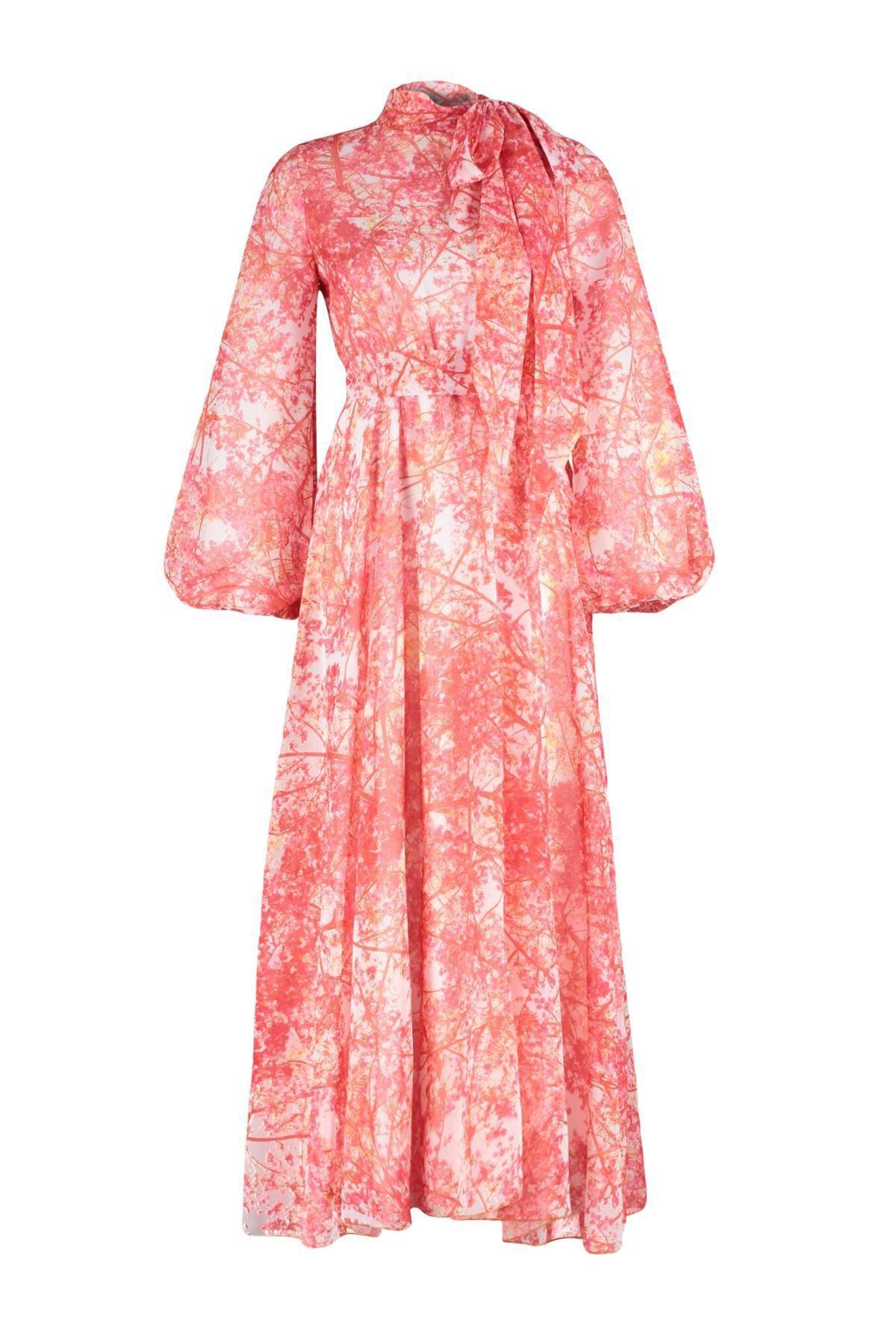 Red Floral Pattern Chiffon Occasion Wear Dress, , large image number 4