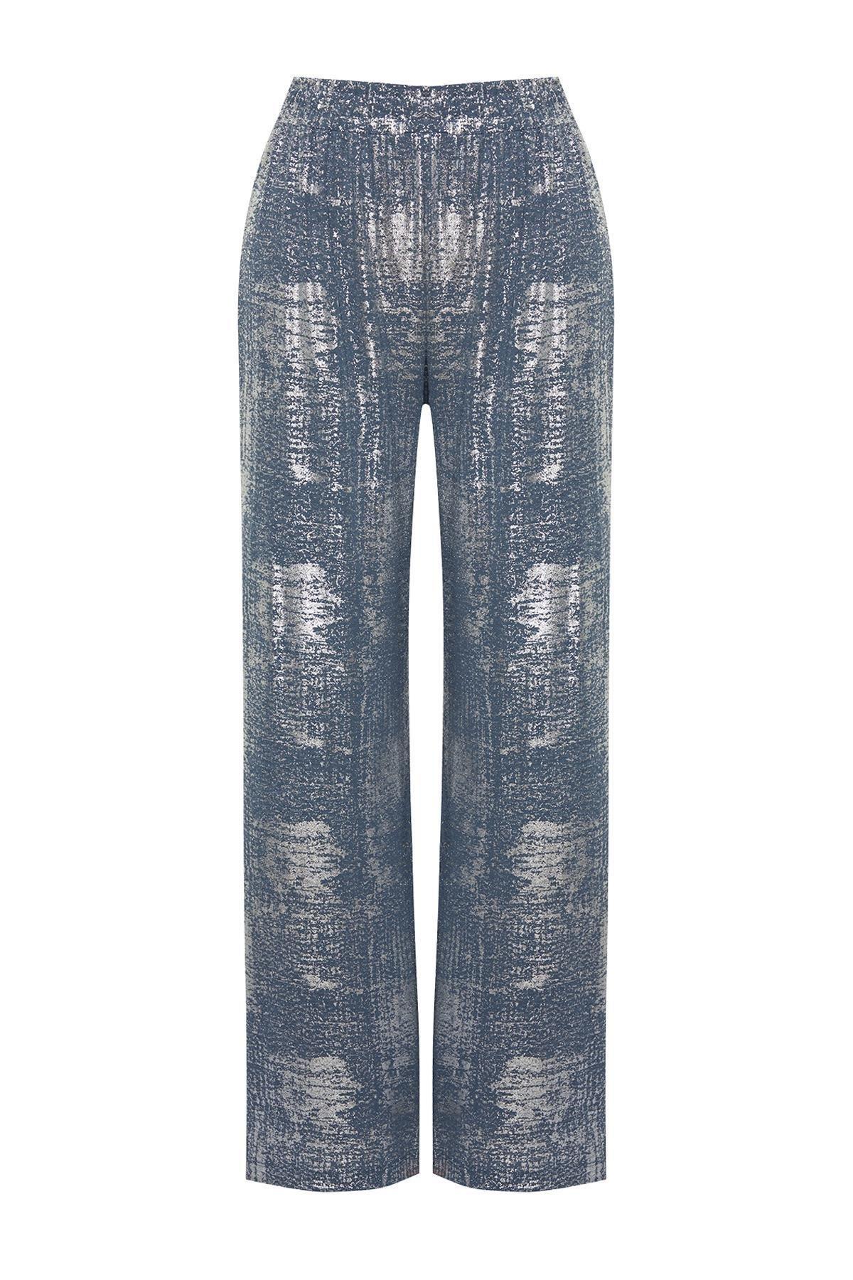 Trendyol - Grey Foil Printed High Waist Wide Leg Flexible Knitted Trousers