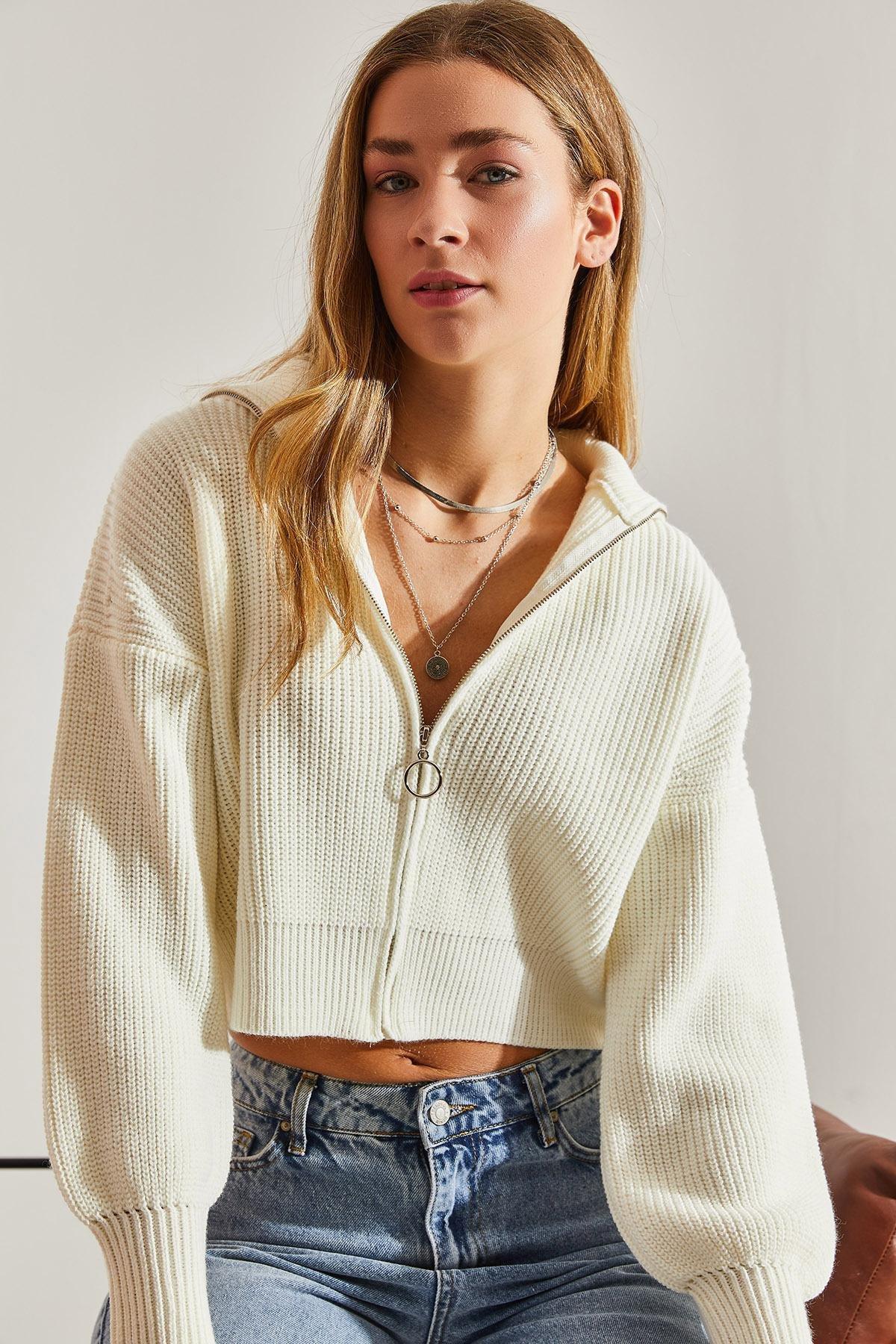 Beige Zippered Knitted Cardigan, Beige, large image number 2