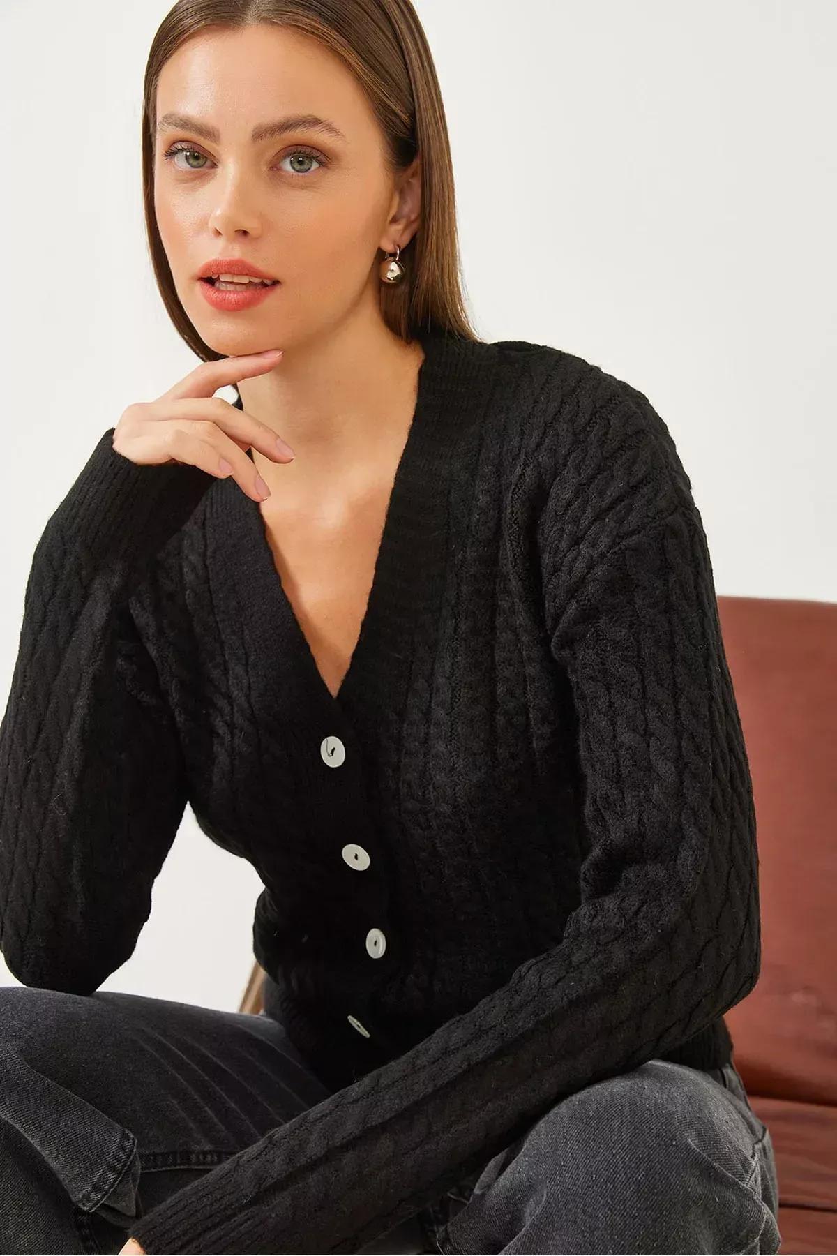 Black Buttoned Knitted Cardigan, BLACK, large image number 0