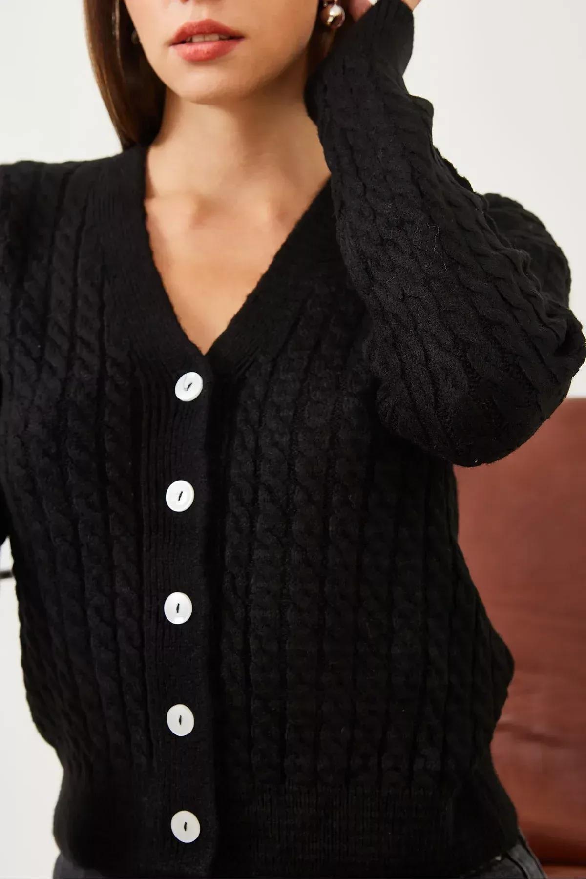 Black Buttoned Knitted Cardigan, BLACK, large image number 2