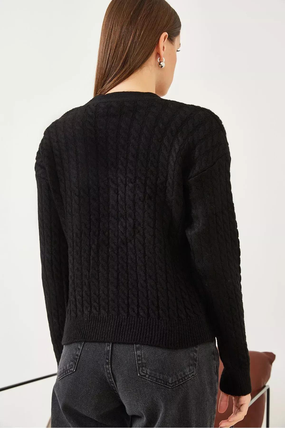 Black Buttoned Knitted Cardigan, BLACK, large image number 3