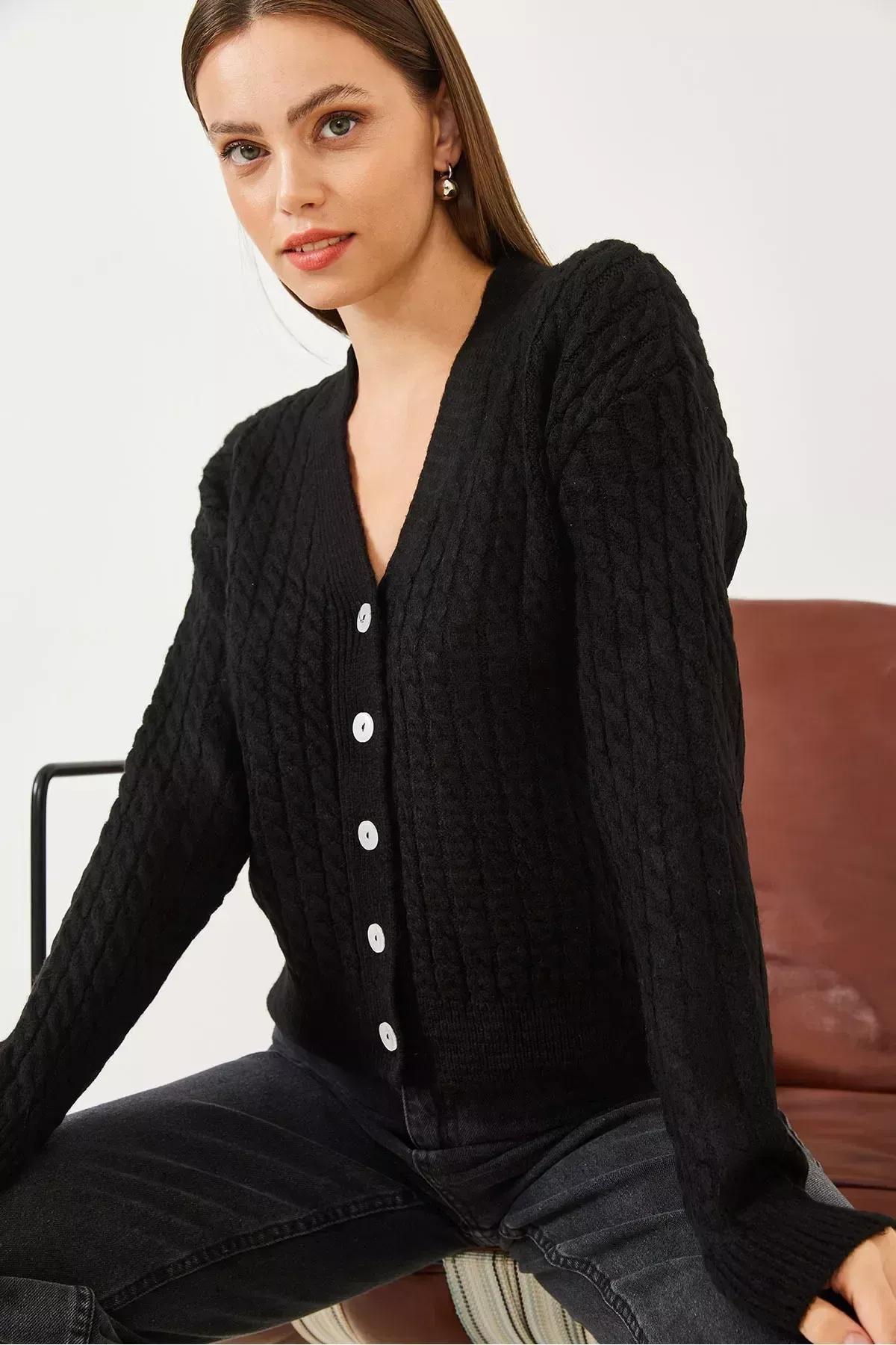 Black Buttoned Knitted Cardigan, BLACK, large image number 4