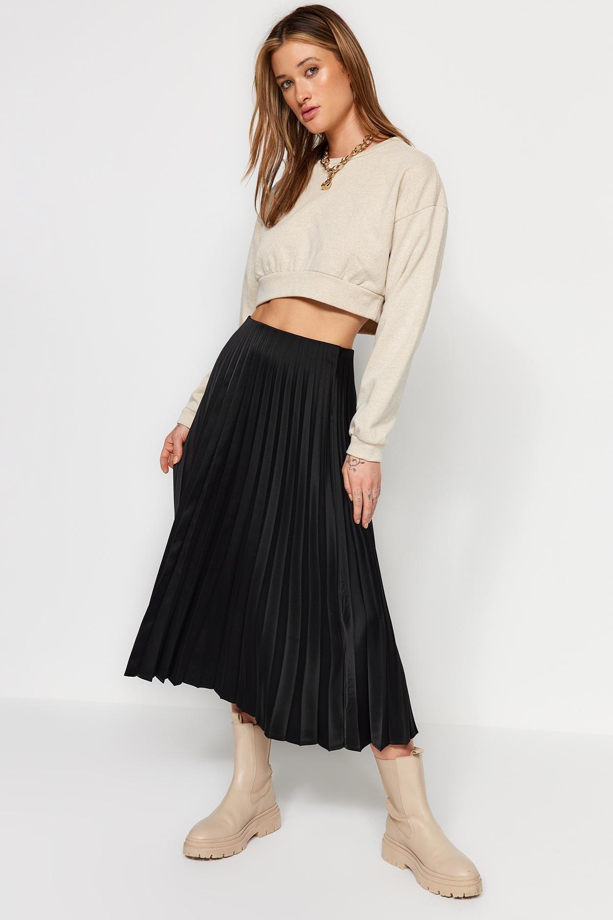 Black Pleated Midi Skirt, , large image number 0