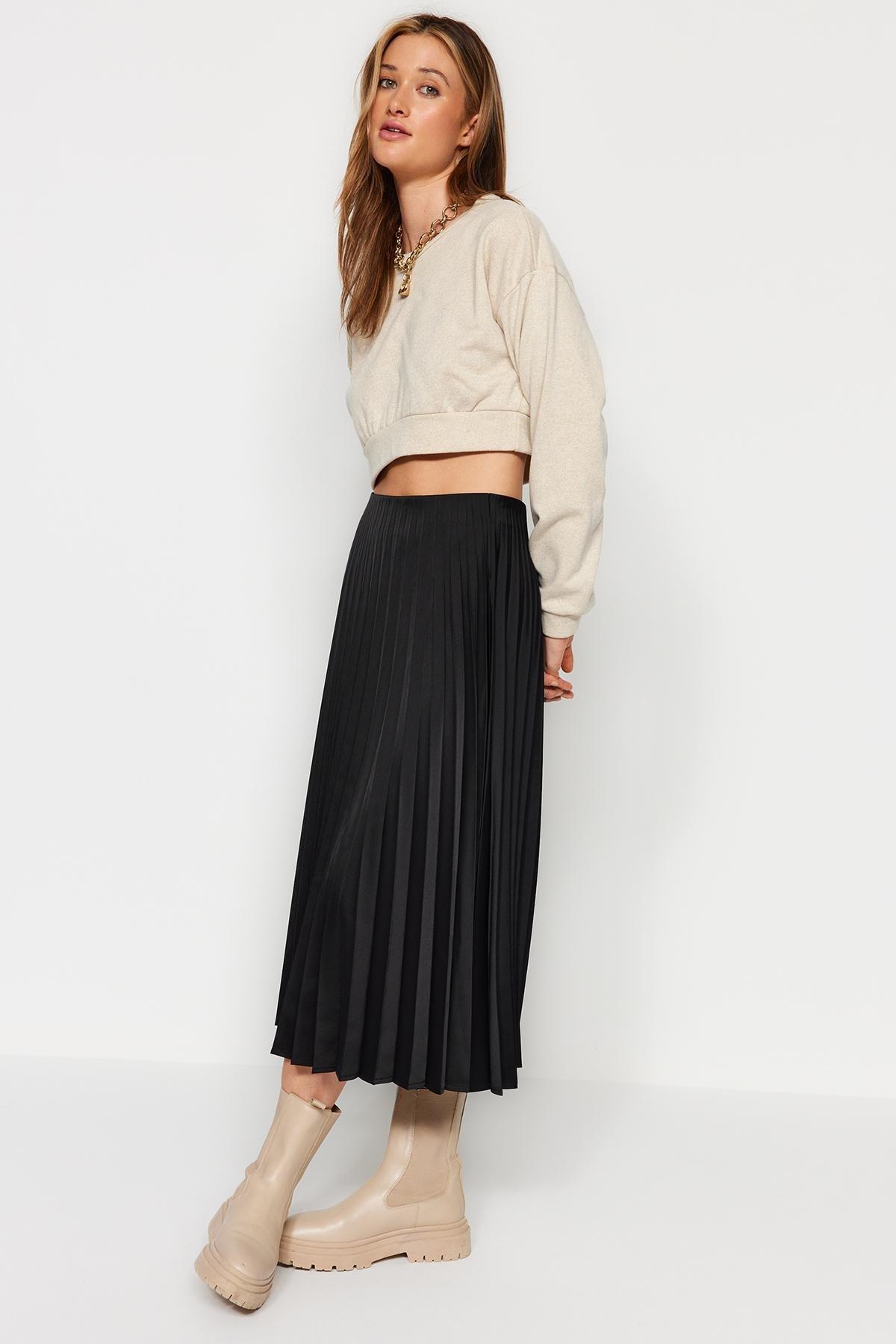 Black Pleated Midi Skirt, , large image number 2
