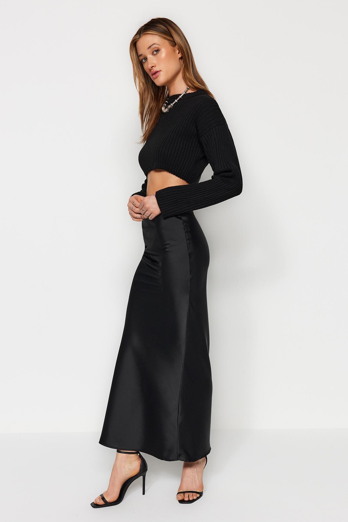 Black Detailed Woven Maxi Skirt, , large image number 0