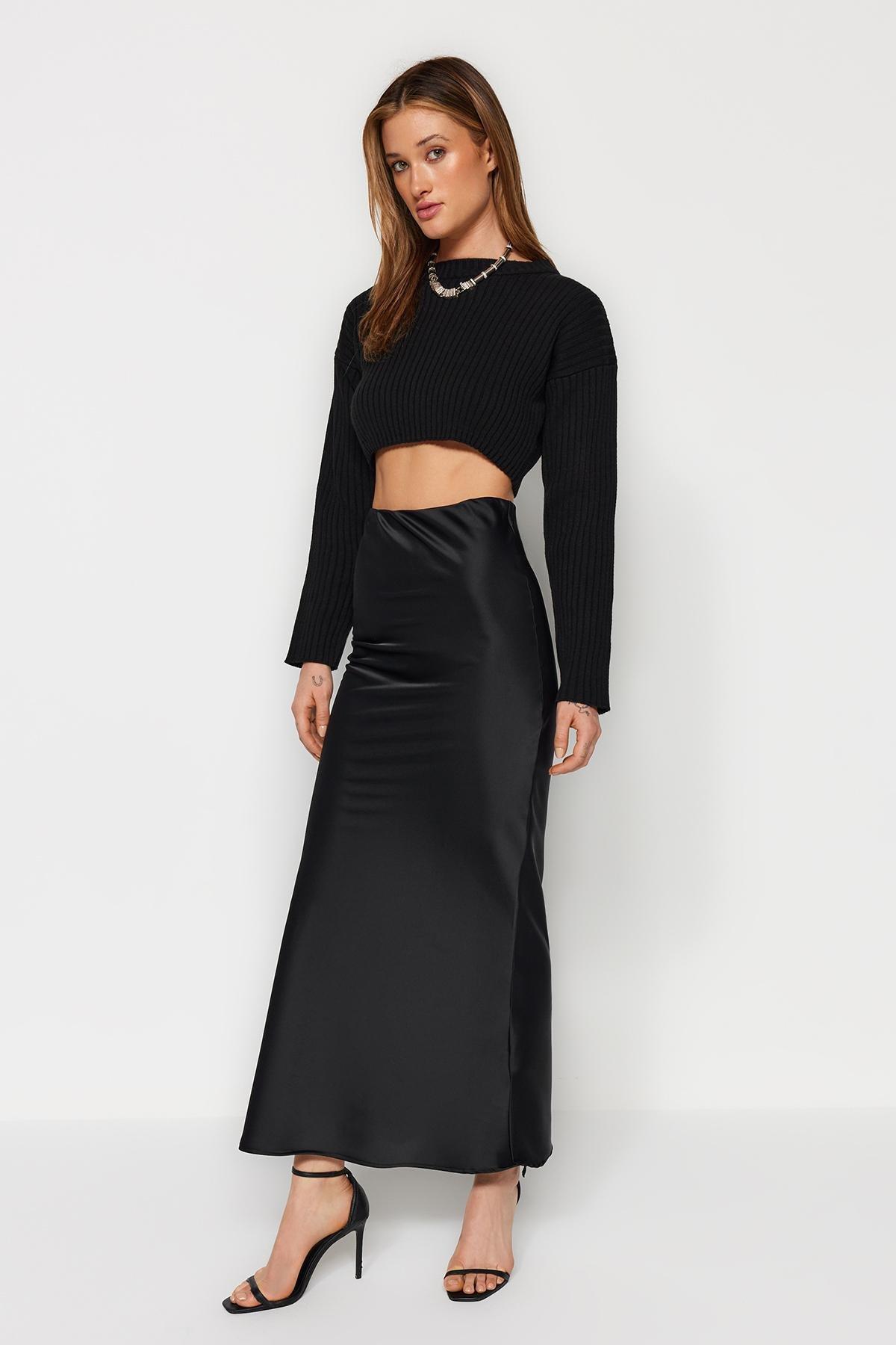 Black Detailed Woven Maxi Skirt, , large image number 1
