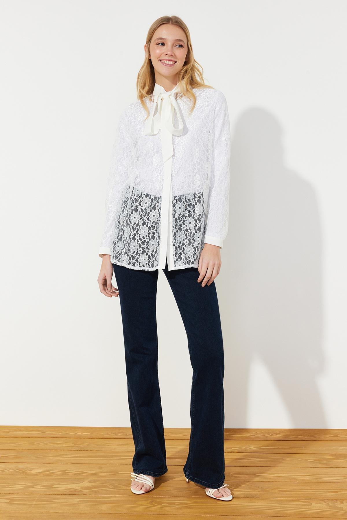 White Lace Elegant Woven Shirt, White, medium
