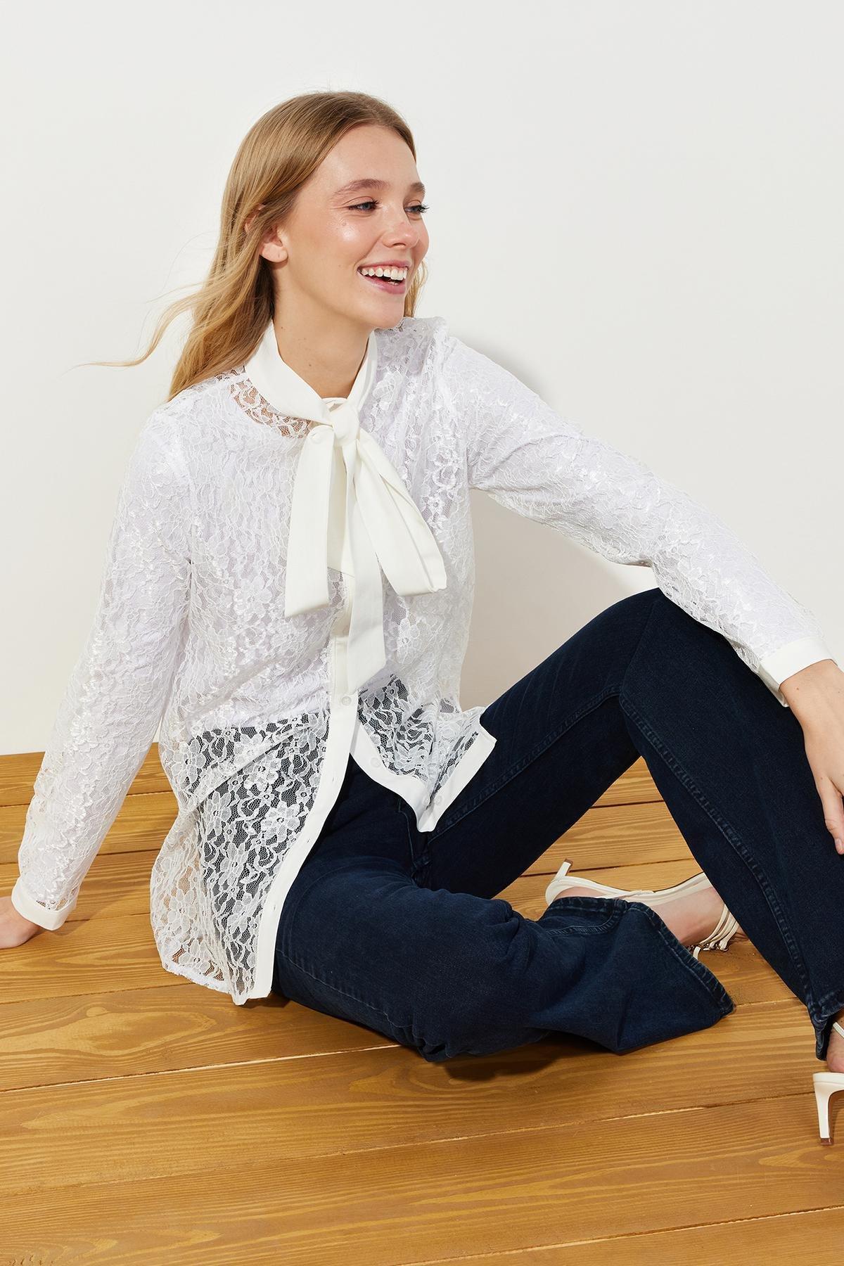 White Lace Elegant Woven Shirt, White, large image number 2