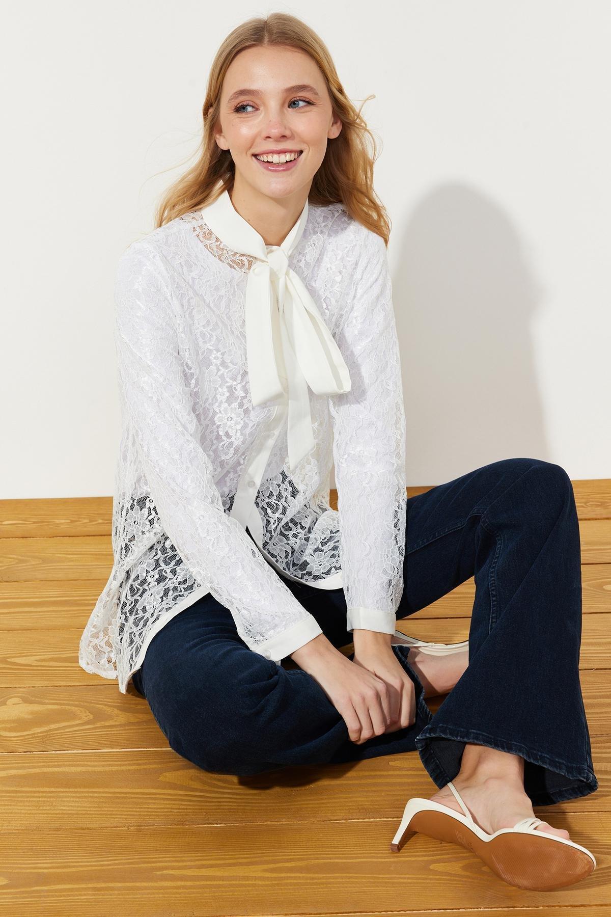 White Lace Elegant Woven Shirt, White, large image number 3