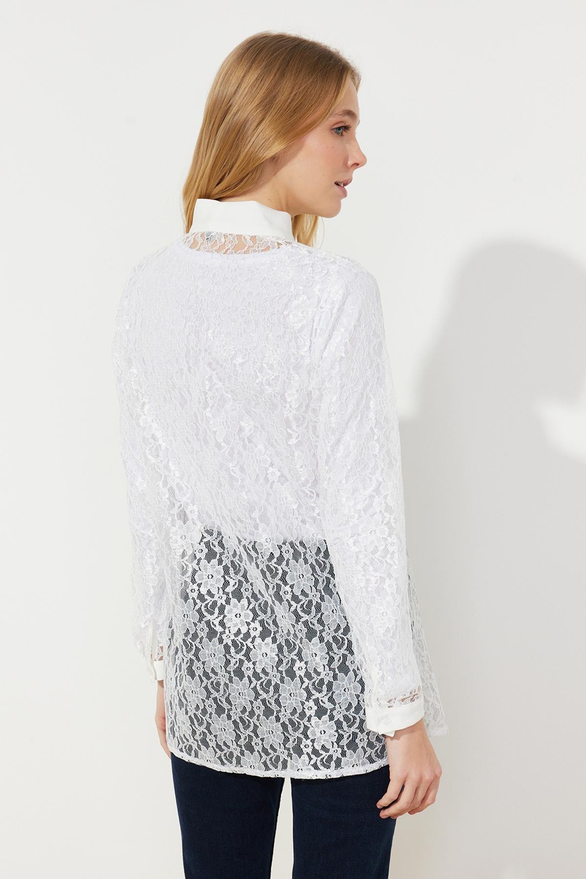 White Lace Elegant Woven Shirt, White, large image number 5