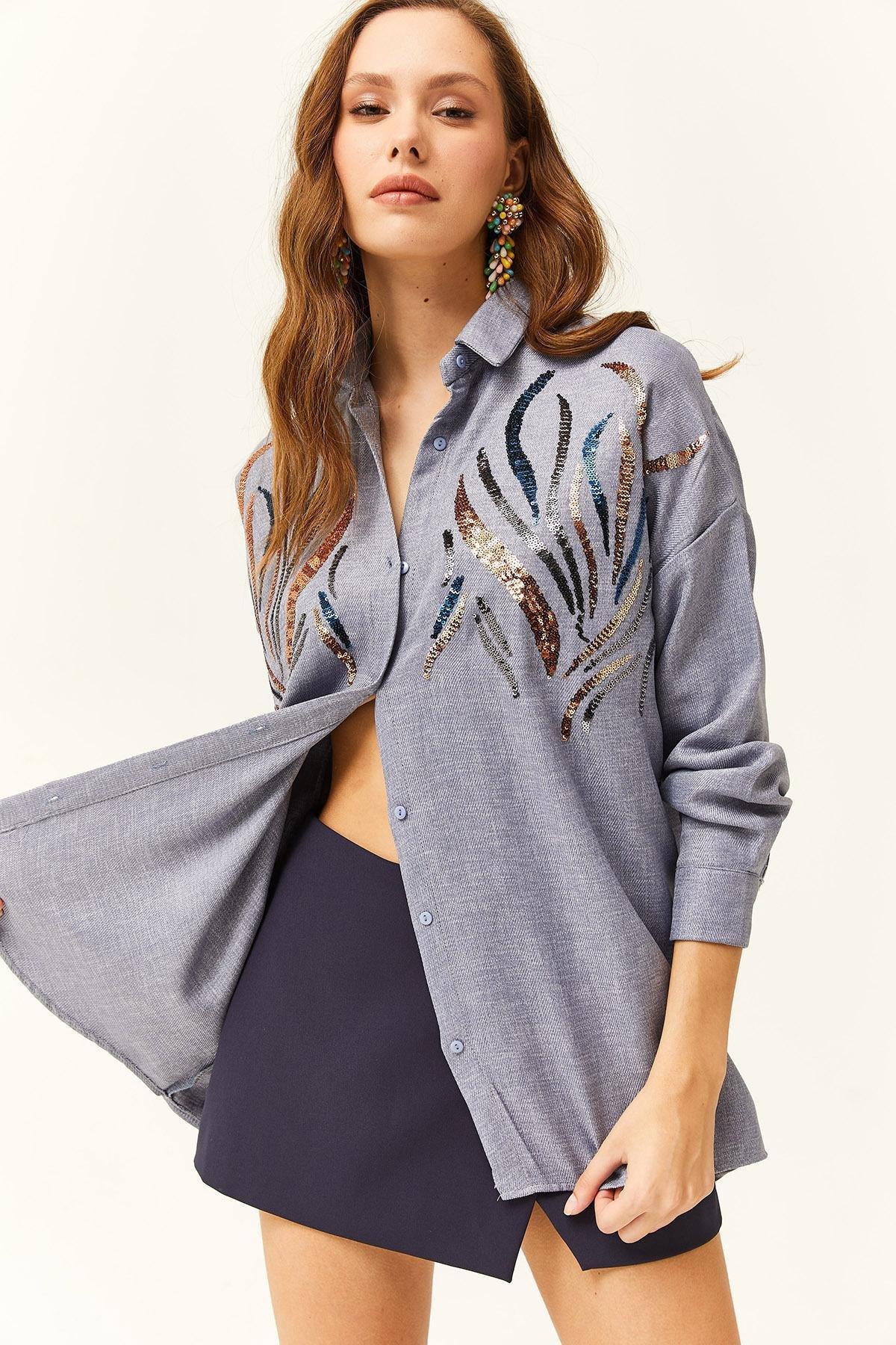 Womens Indigo Sequined Wool Effect Oversize Winter Shirt, single, , large image number 0
