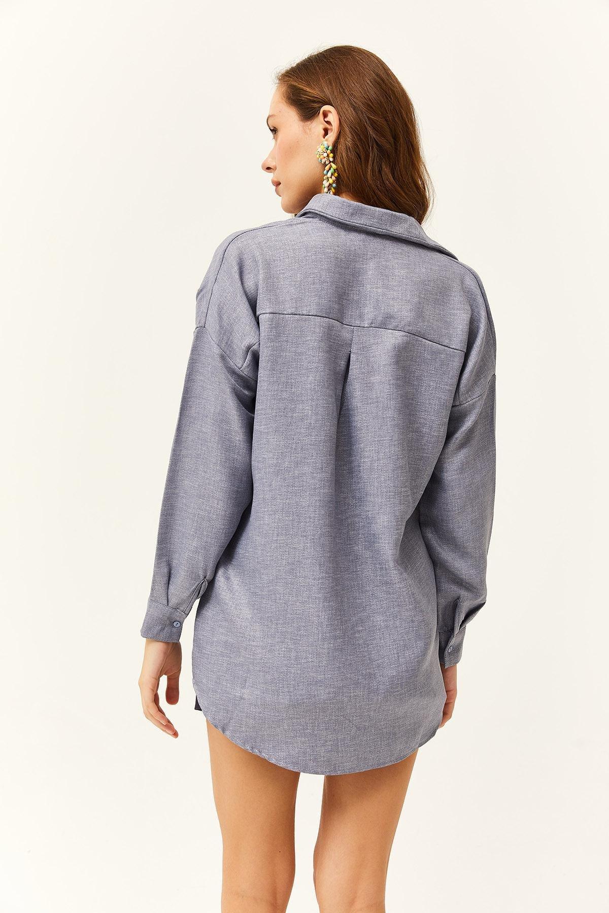Womens Indigo Sequined Wool Effect Oversize Winter Shirt, single, , large image number 1