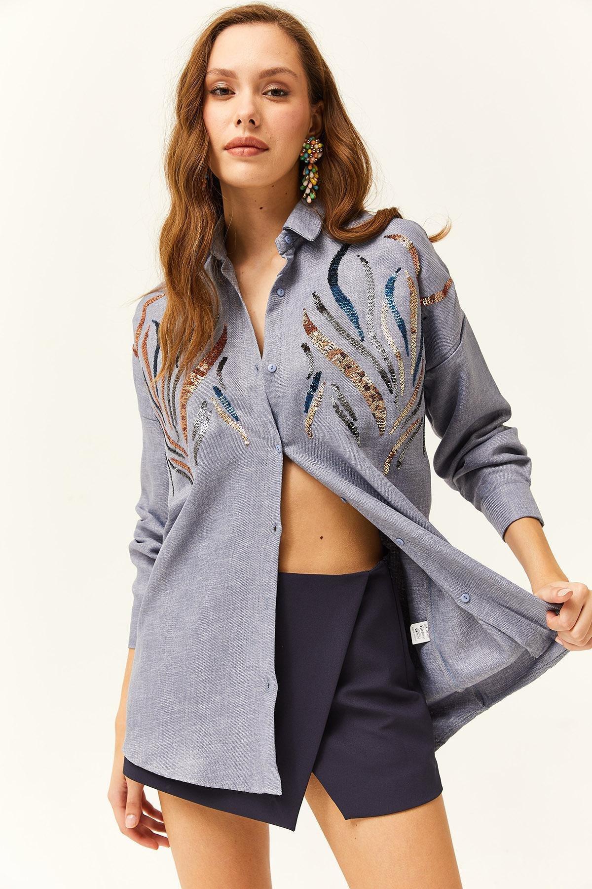 Womens Indigo Sequined Wool Effect Oversize Winter Shirt, single, , large image number 4