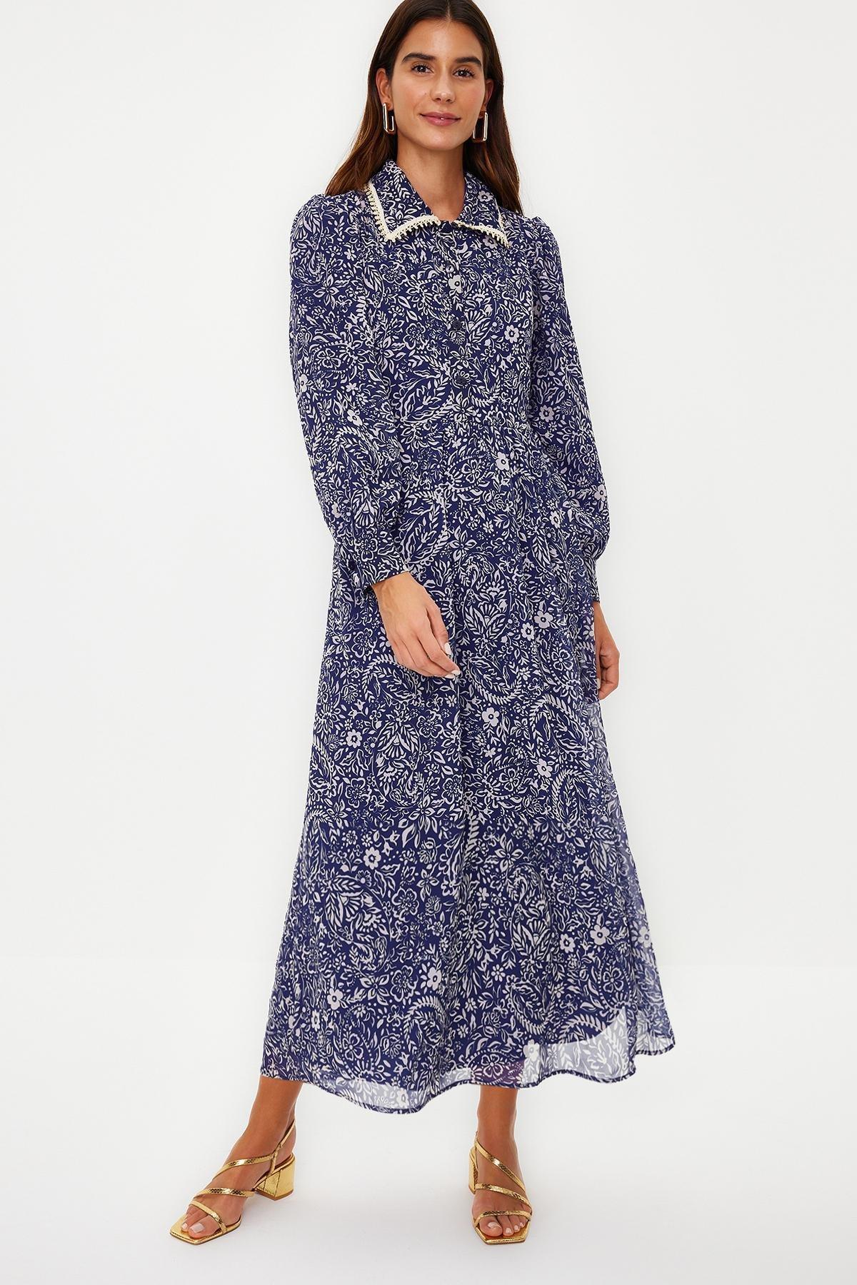 Blue Floral Chiffon Woven Dress, , medium