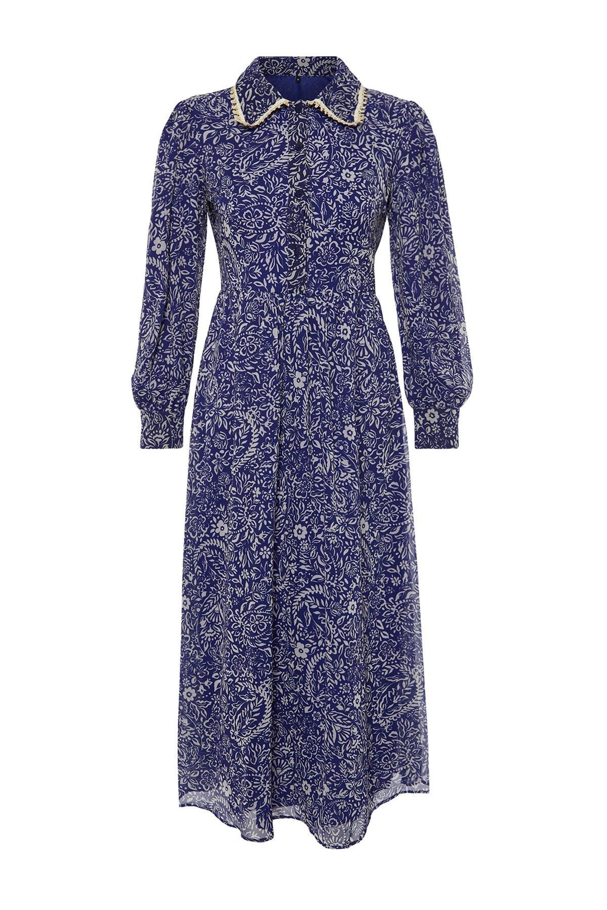 Blue Floral Chiffon Woven Dress, , large image number 5