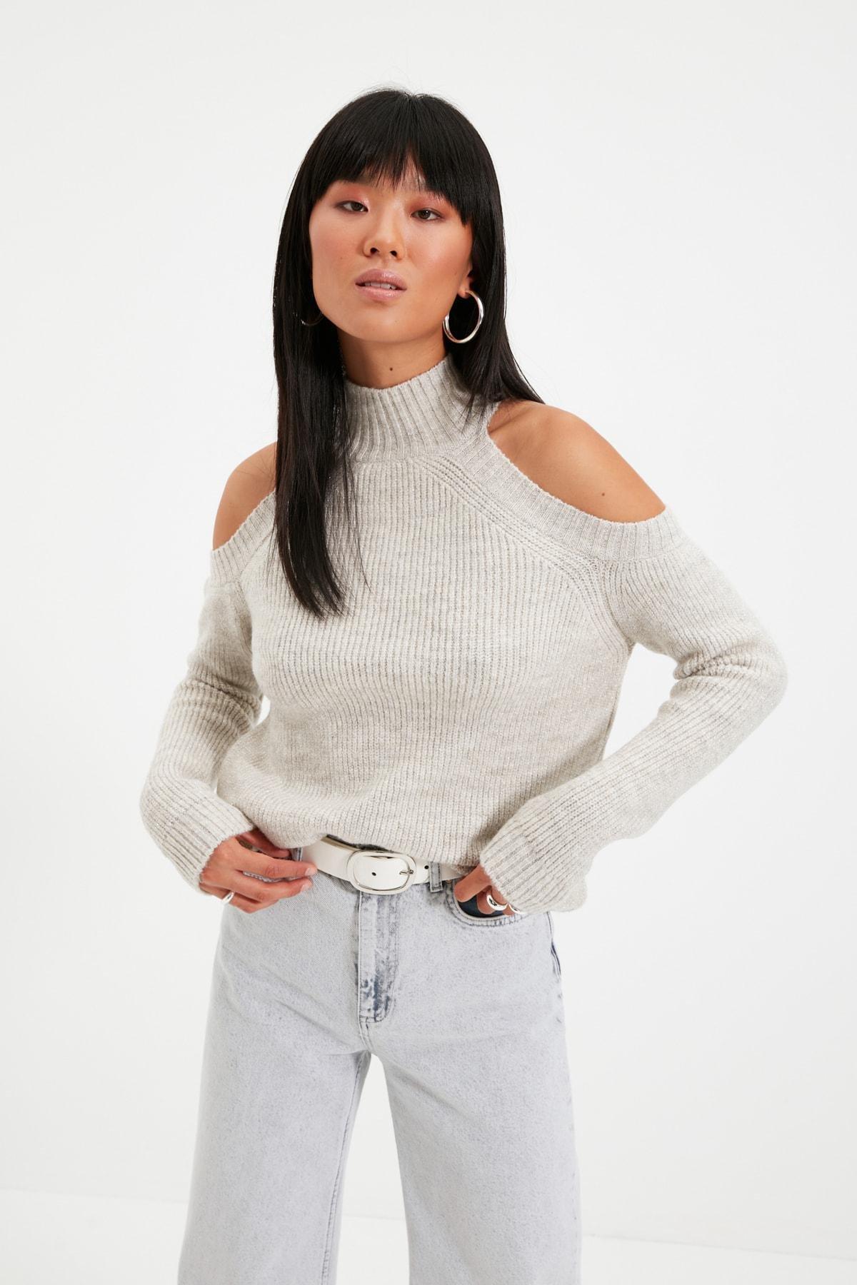 Brown Cut Out Knitwear Sweater, Gray, large image number 0
