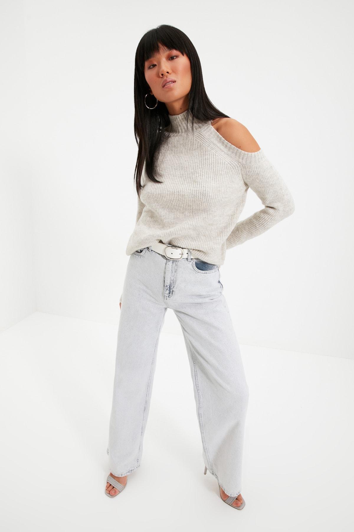 Brown Cut Out Knitwear Sweater, Gray, large image number 1