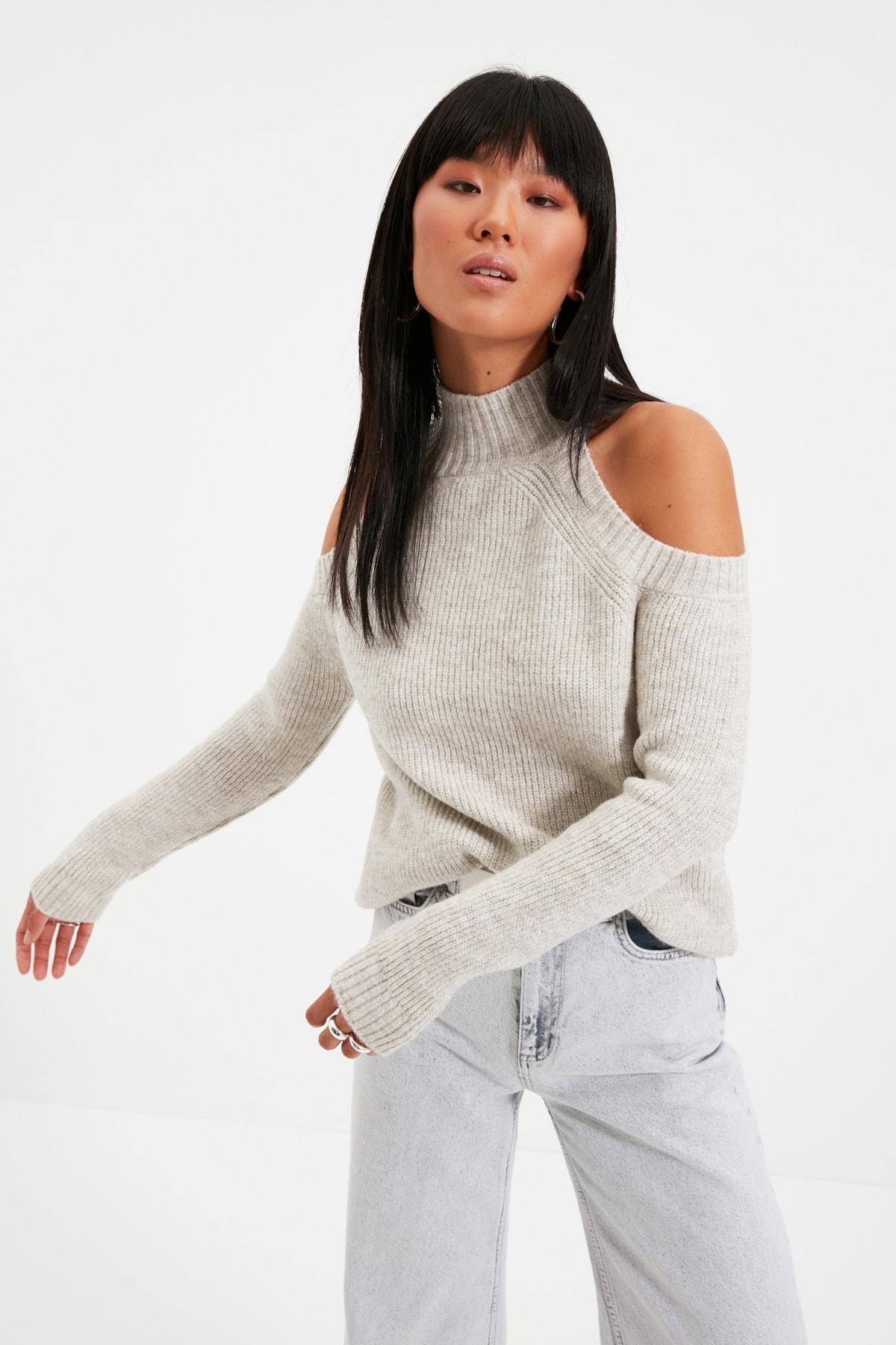 Brown Cut Out Knitwear Sweater, Gray, large image number 4