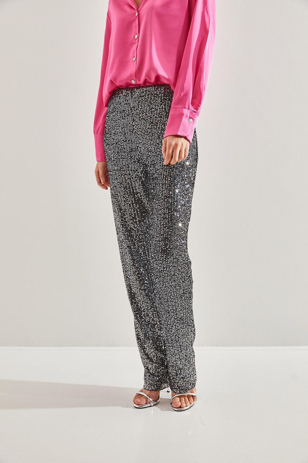 Grey Sequined Trousers, White, large image number 4