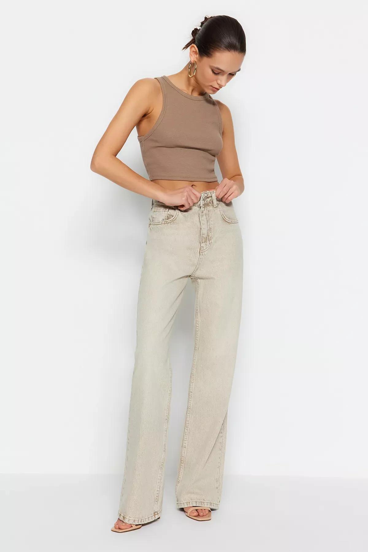 جينز بتصميم فينتاج بقصة ساق عريضة، بيج, Beige, large image number 5