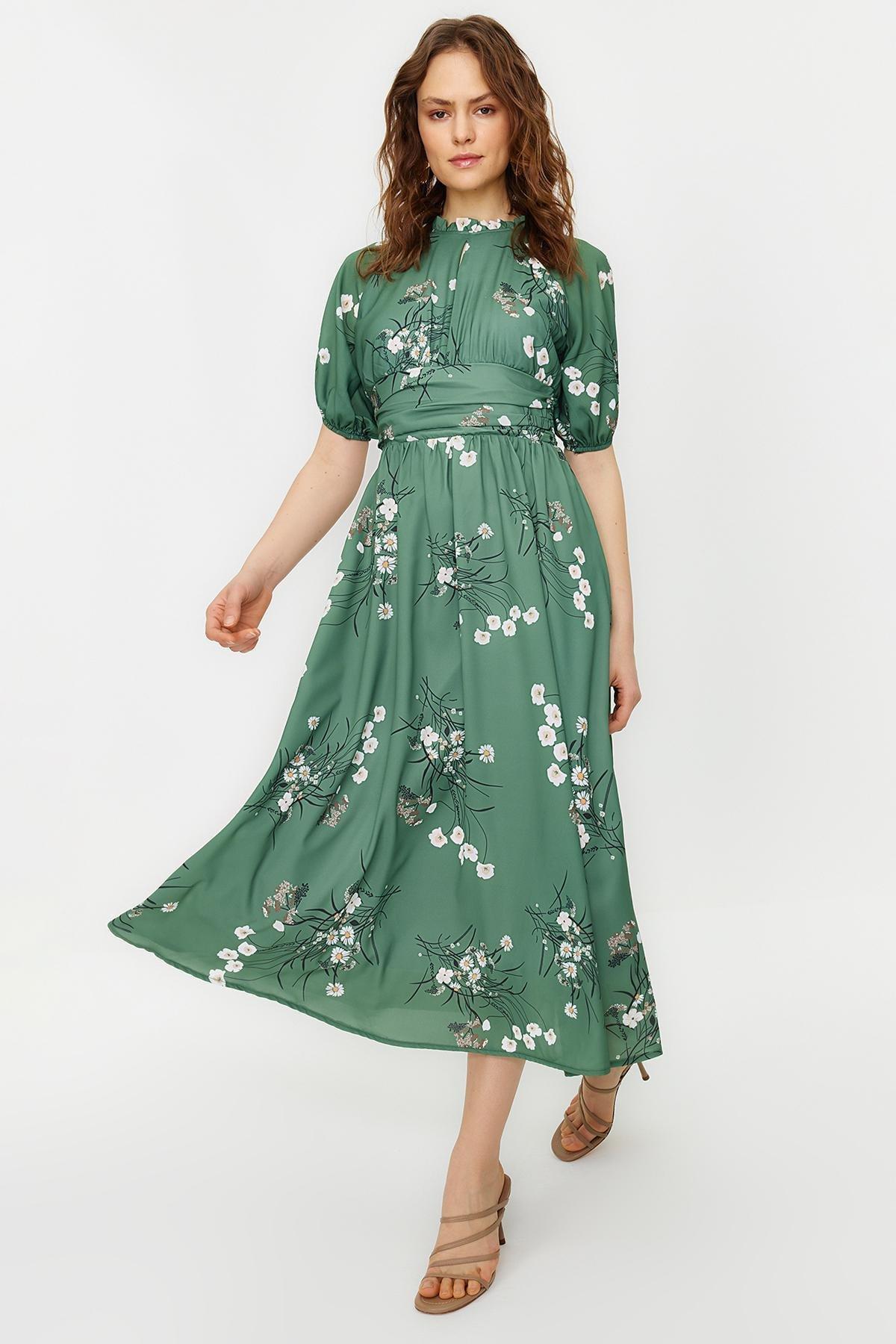 Green Balloon Sleeve Floral Long Dress, , large image number 0
