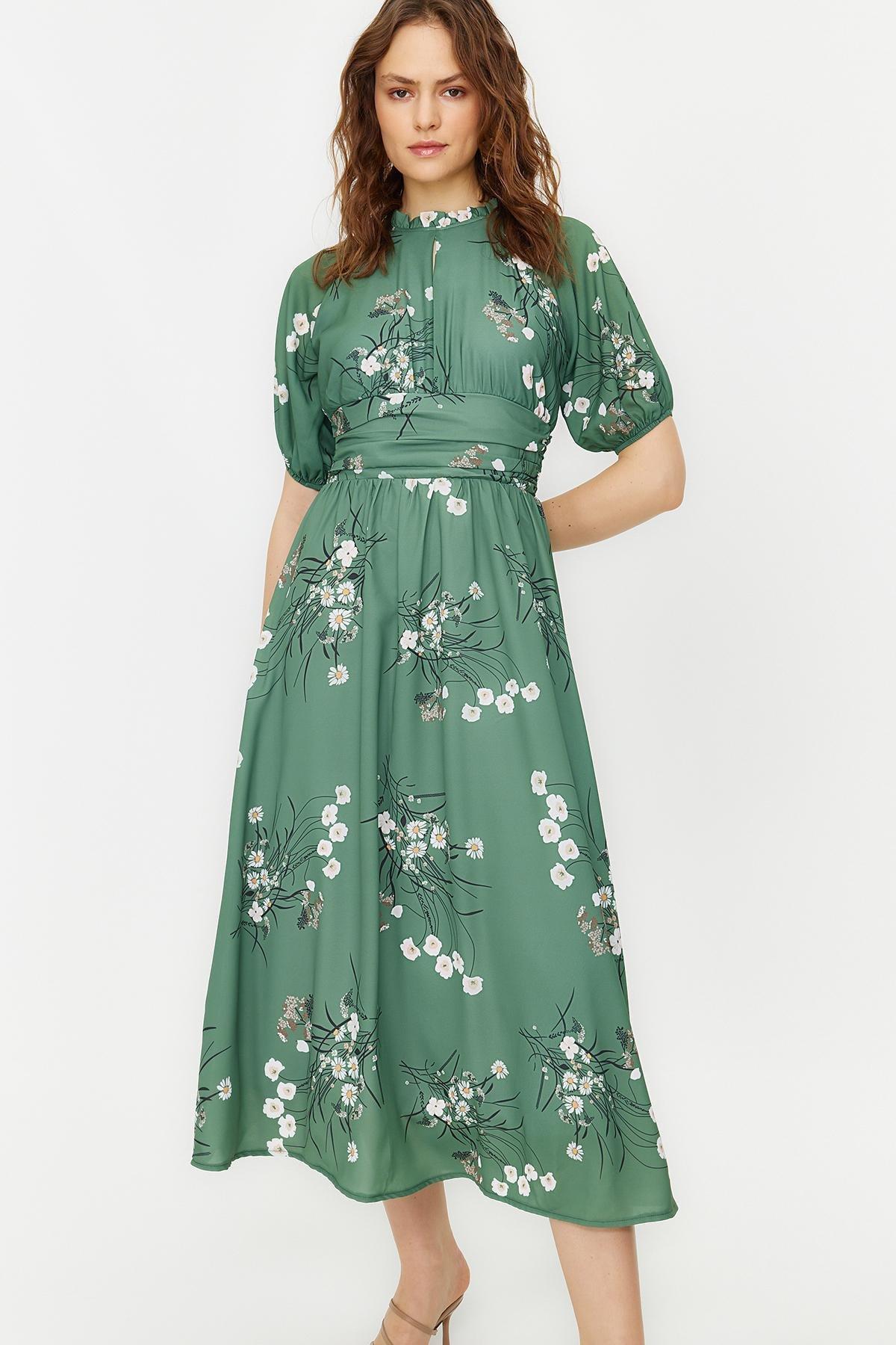 Green Balloon Sleeve Floral Long Dress, , large image number 1