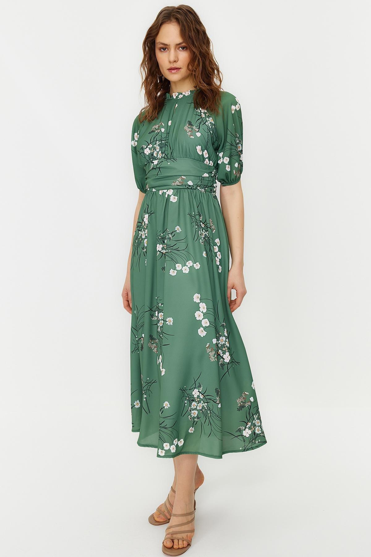 Green Balloon Sleeve Floral Long Dress, , large image number 2