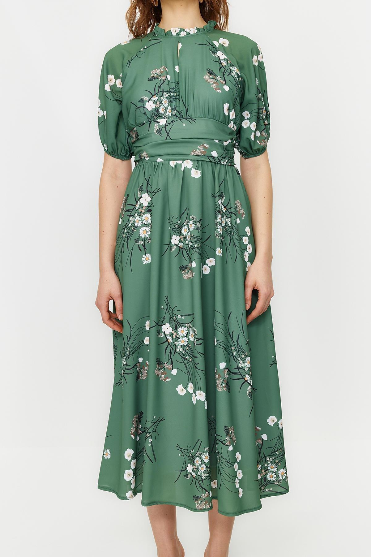 Green Balloon Sleeve Floral Long Dress, , large image number 4