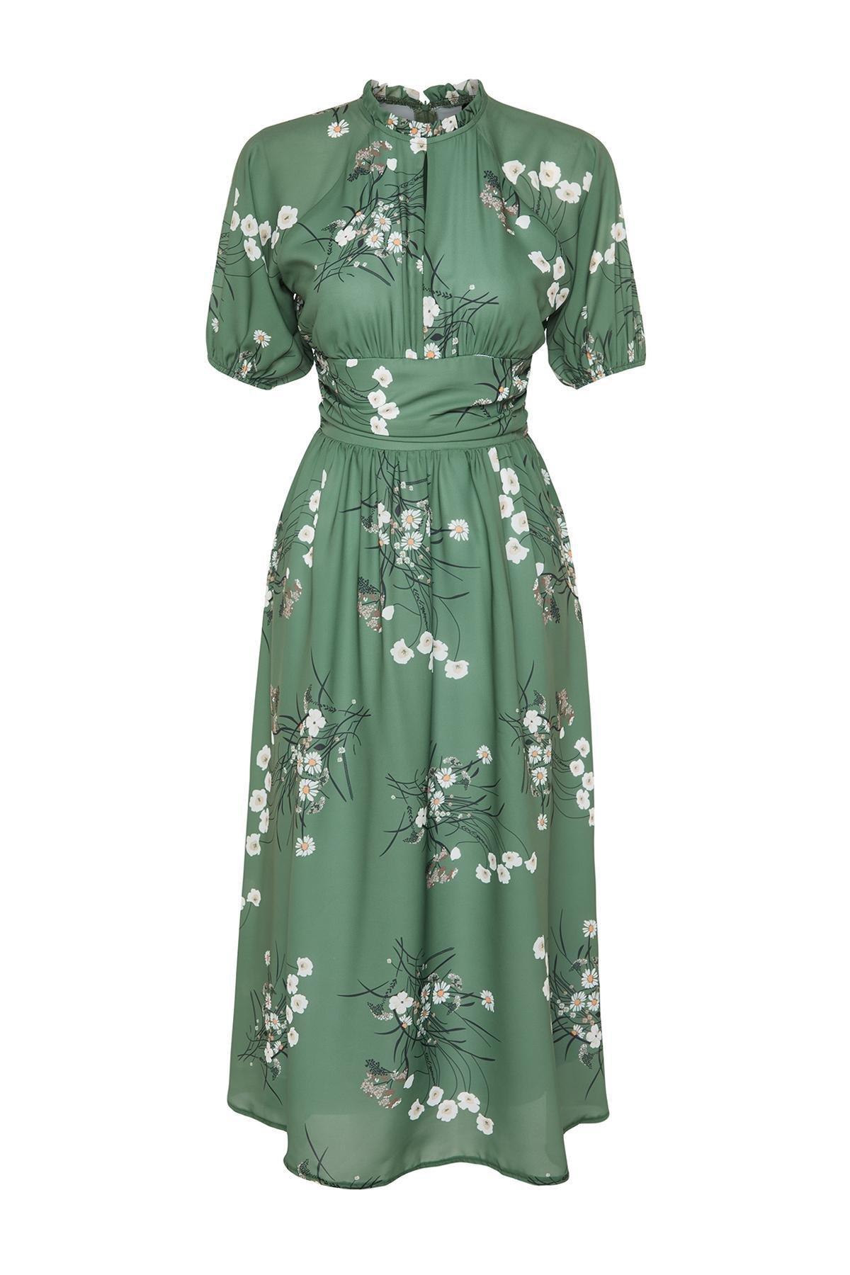 Green Balloon Sleeve Floral Long Dress, , large image number 5
