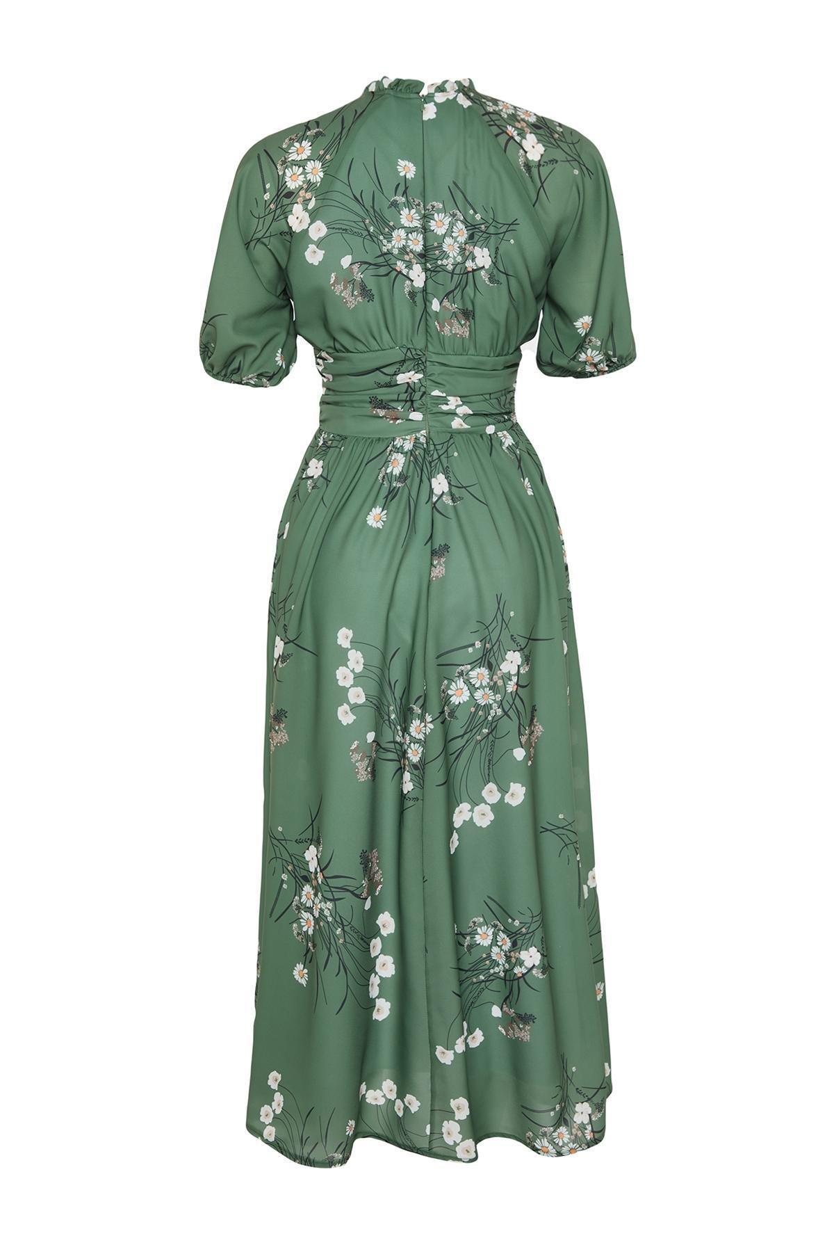 Green Balloon Sleeve Floral Long Dress, , large image number 6