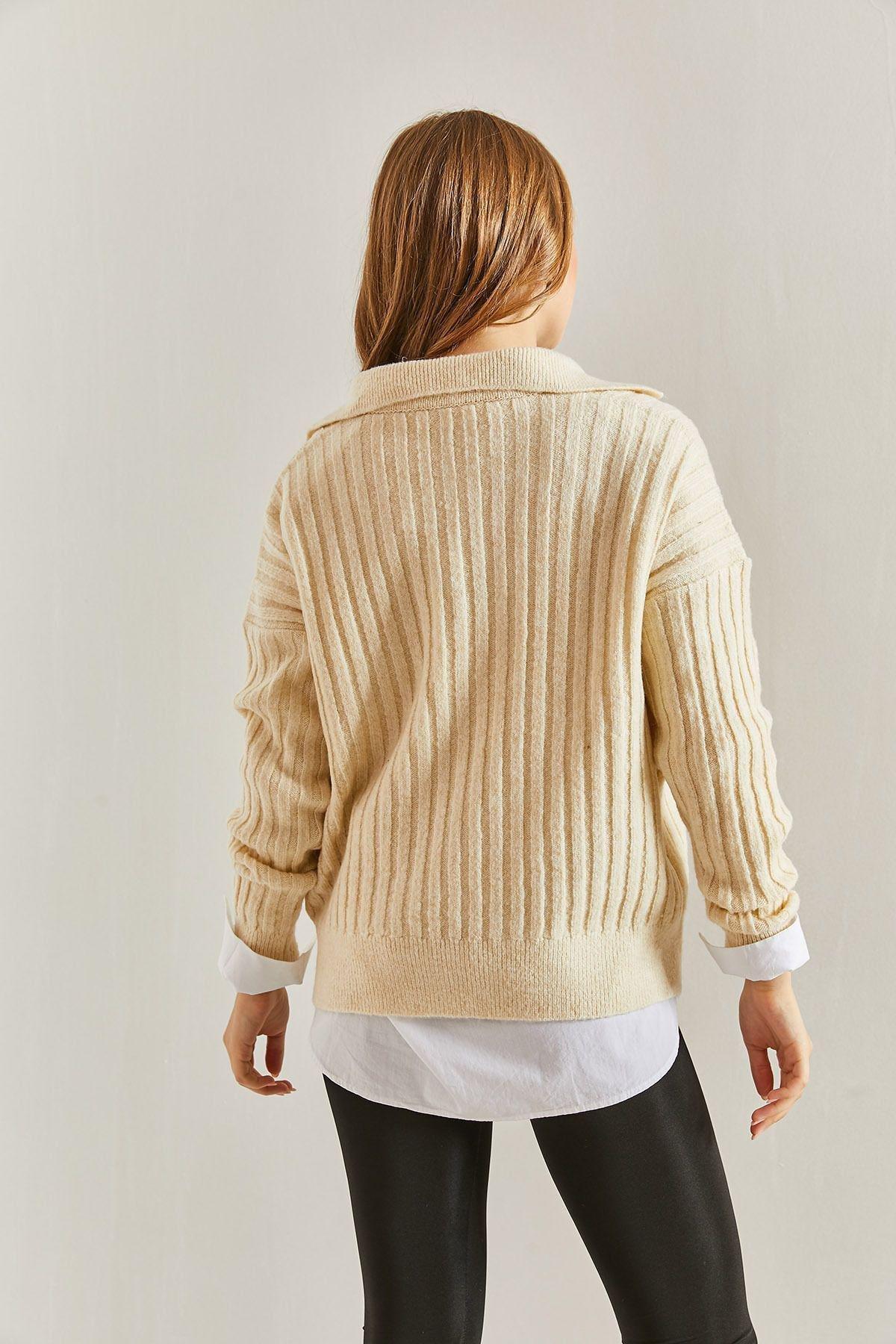 Textured Ribbed Polo Neck Sweater, Ecru, large image number 2