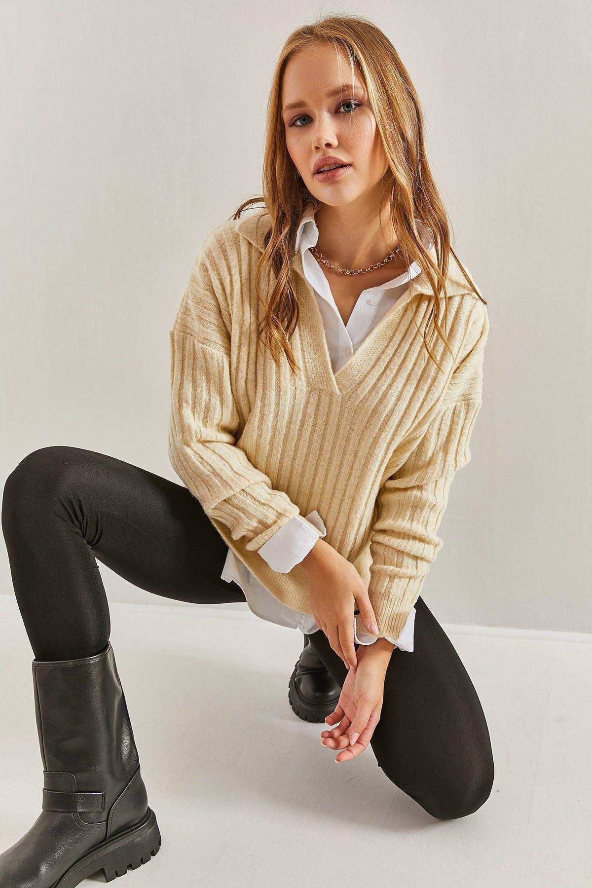Textured Ribbed Polo Neck Sweater, Ecru, large image number 4